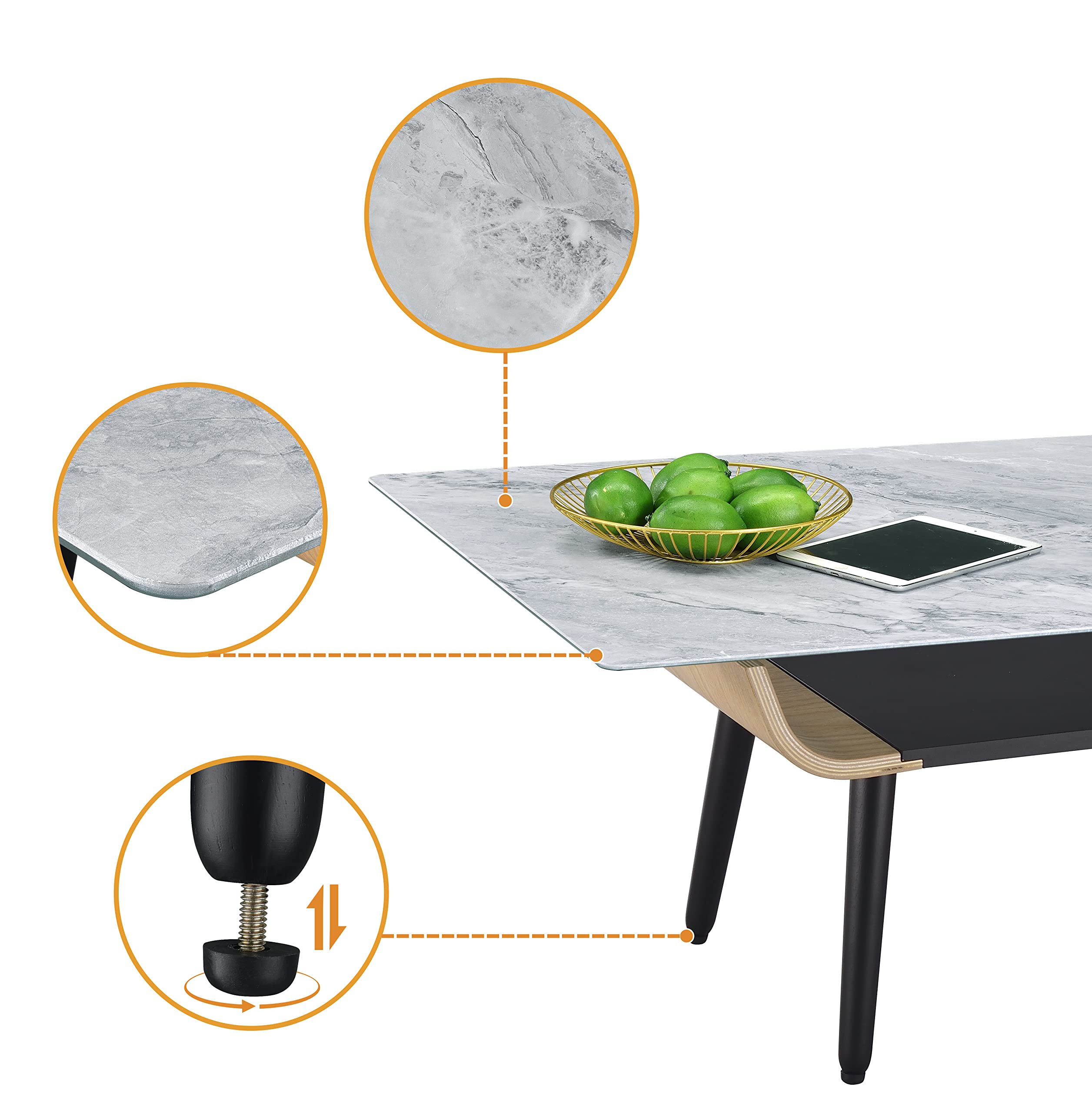 Lilola Home Landon Coffee Table with Glass Gray Marble Texture Top and Bent Wood Design