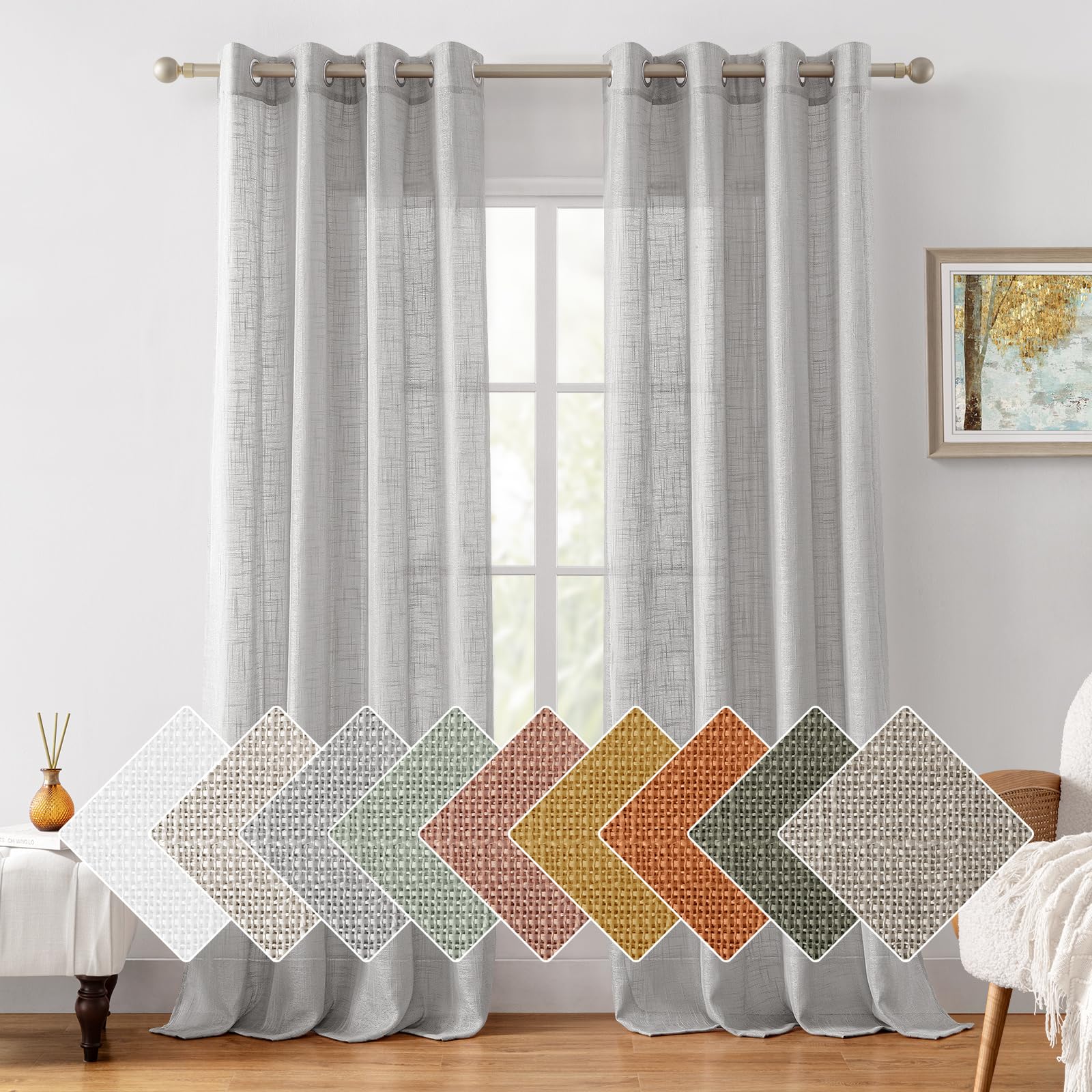 HOMEIDEAS Light Grey/Gray Linen Sheer Curtains 108 Inches Long 2 Panels Textured Semi Sheer Curtains Farmhouse Curtains Sheer Pr