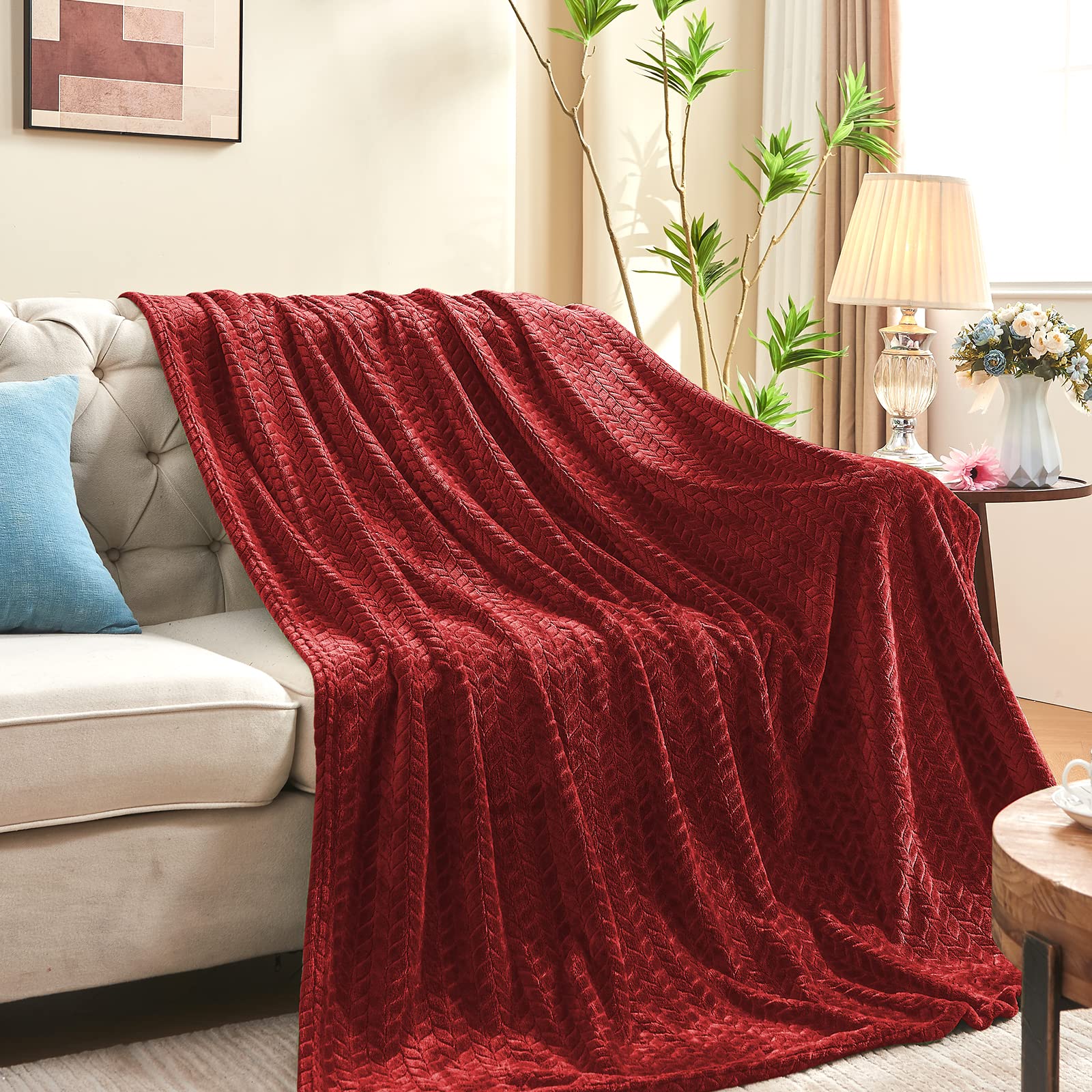 Inhand Red Fleece Twin Blanket, Super Soft Flannel Cozy Blankets For Adults, Lightweight Leaves Pattern Fuzzy Blanket For Couch