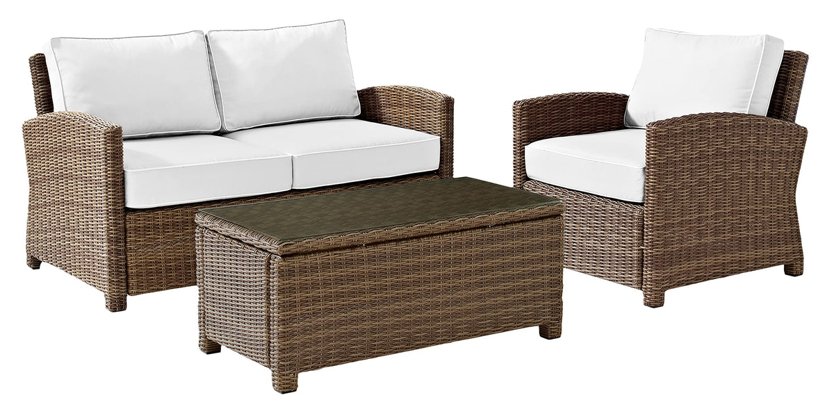 Crosley Furniture Bradenton 3-Piece Outdoor Loveseat Patio Furniture Set, Wicker with Sunbrella Cushions, Brown with Sunbrella Cushions