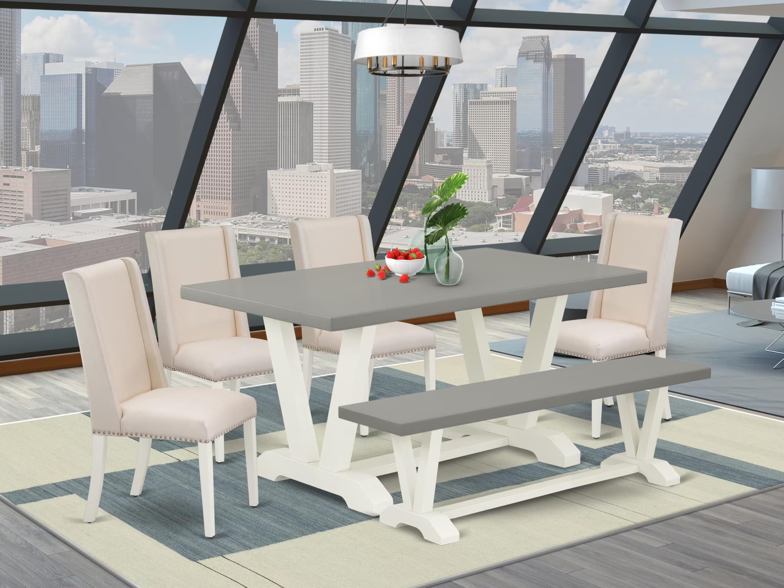 East West Furniture V096Fl201-6 6 Piece Dining Set Contains A Rectangle Dining Room Table With V-Legs And 4 Cream Linen Fabric Parson Chairs With A Bench, 36X60 Inch, Multi-Color