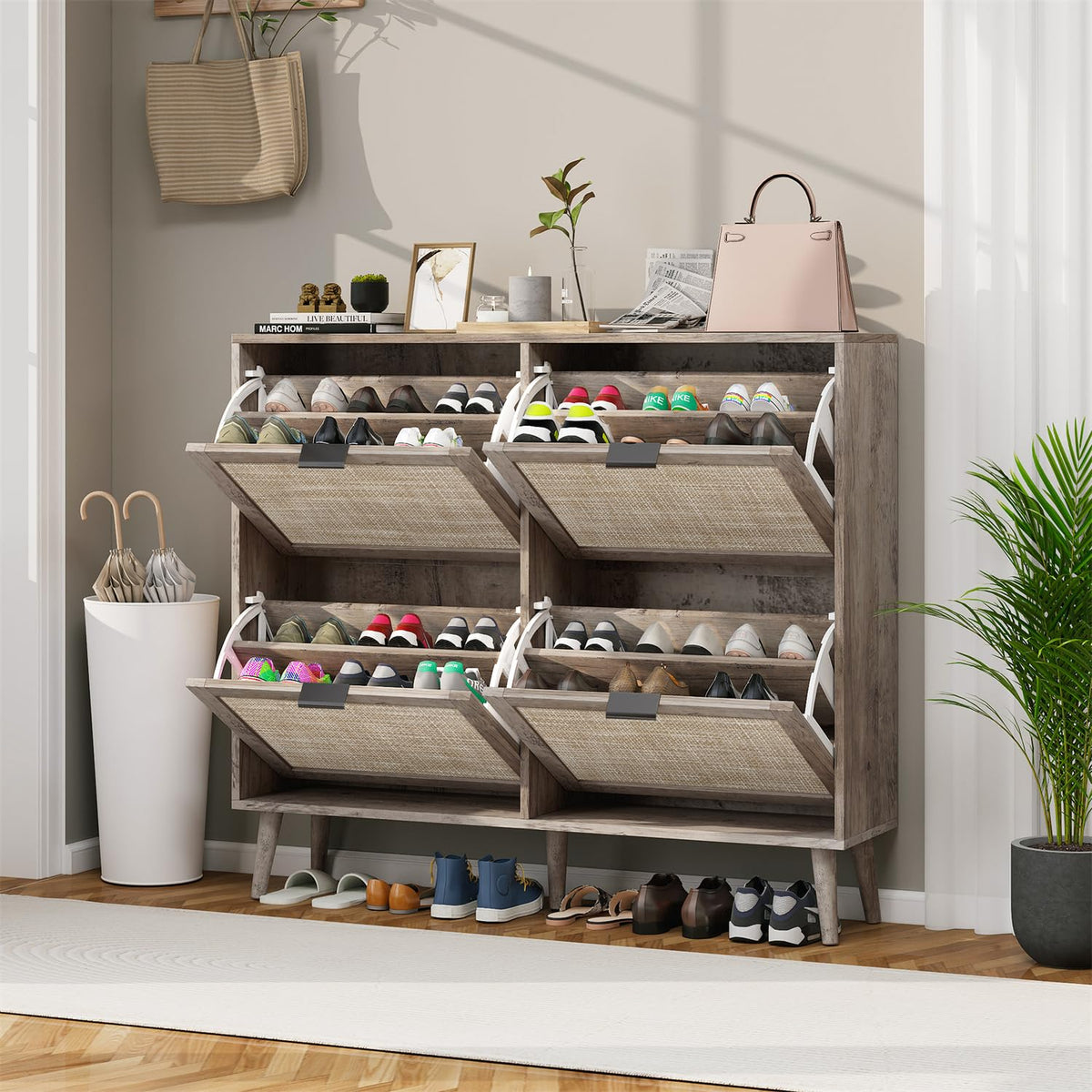 Zehuoge Rattan Shoe Cabinet With 4 Flip Drawers, Narrow Hidden Shoe Rack Rattan Storage Cabinet For Entryway, Large Shoe Organizer With Rattan Doors, Entrance Hallway (Dark Rustic Oak)