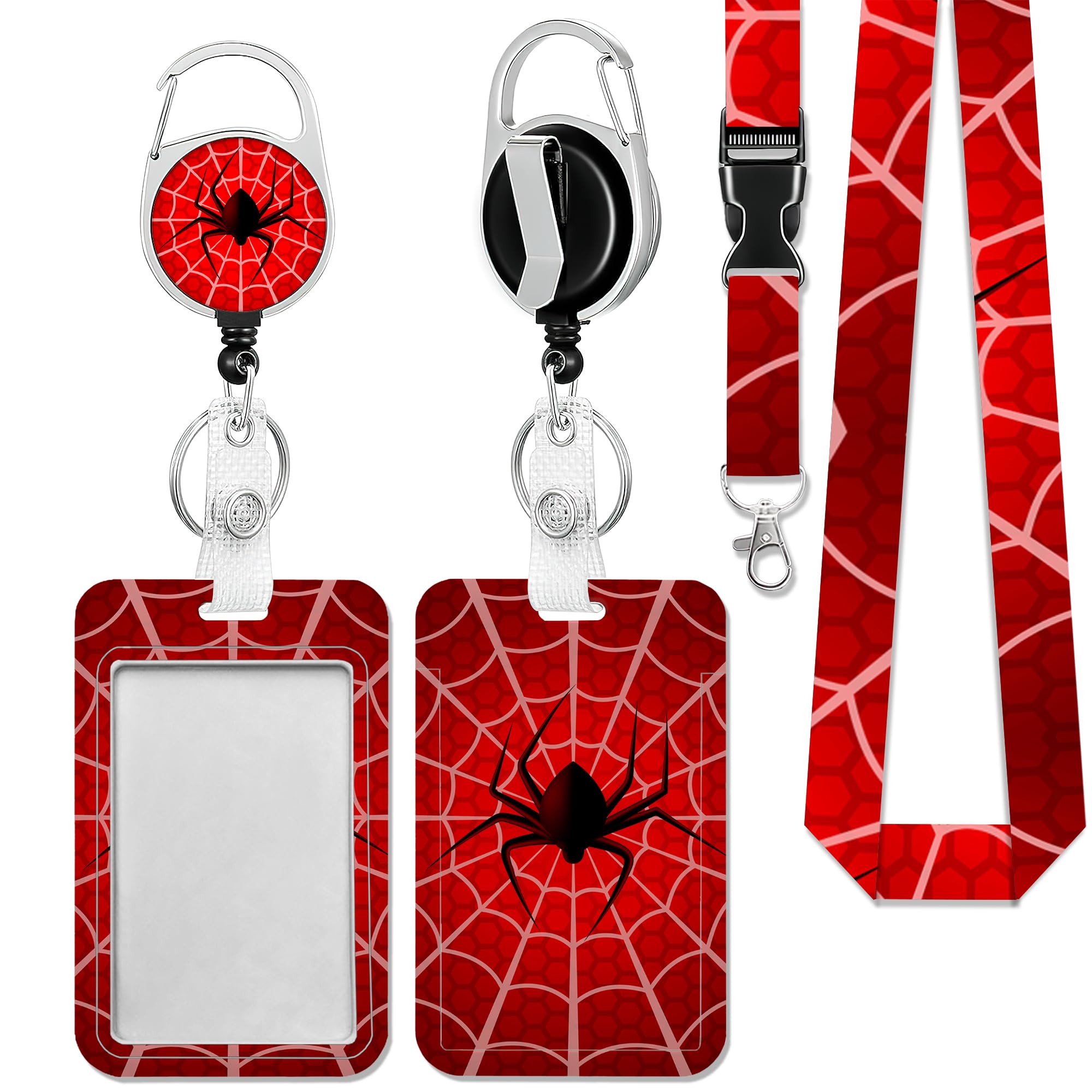 Spider On Spider Web Badge Holder with Lanyard, Funny Badge Reel Retractable Heavy Duty with 360 Swivel Carabiner Clip, ID Badge