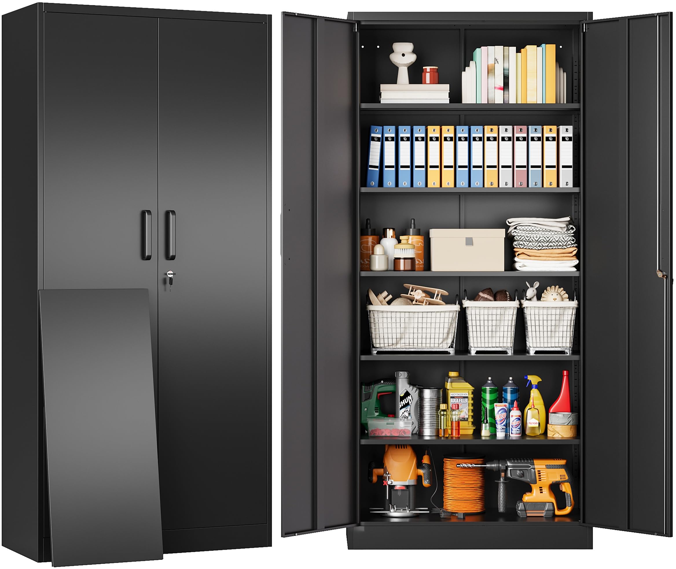 Sisesol Metal Storage Cabinet With 2 Doors And 6 Shelves,Black Metal Cabinet With Lock,71' Lockable Garage Storage Cabinets,Locking File Cabinet,Steel Tool Cabinets For Home,Office,Garage,Shop,School