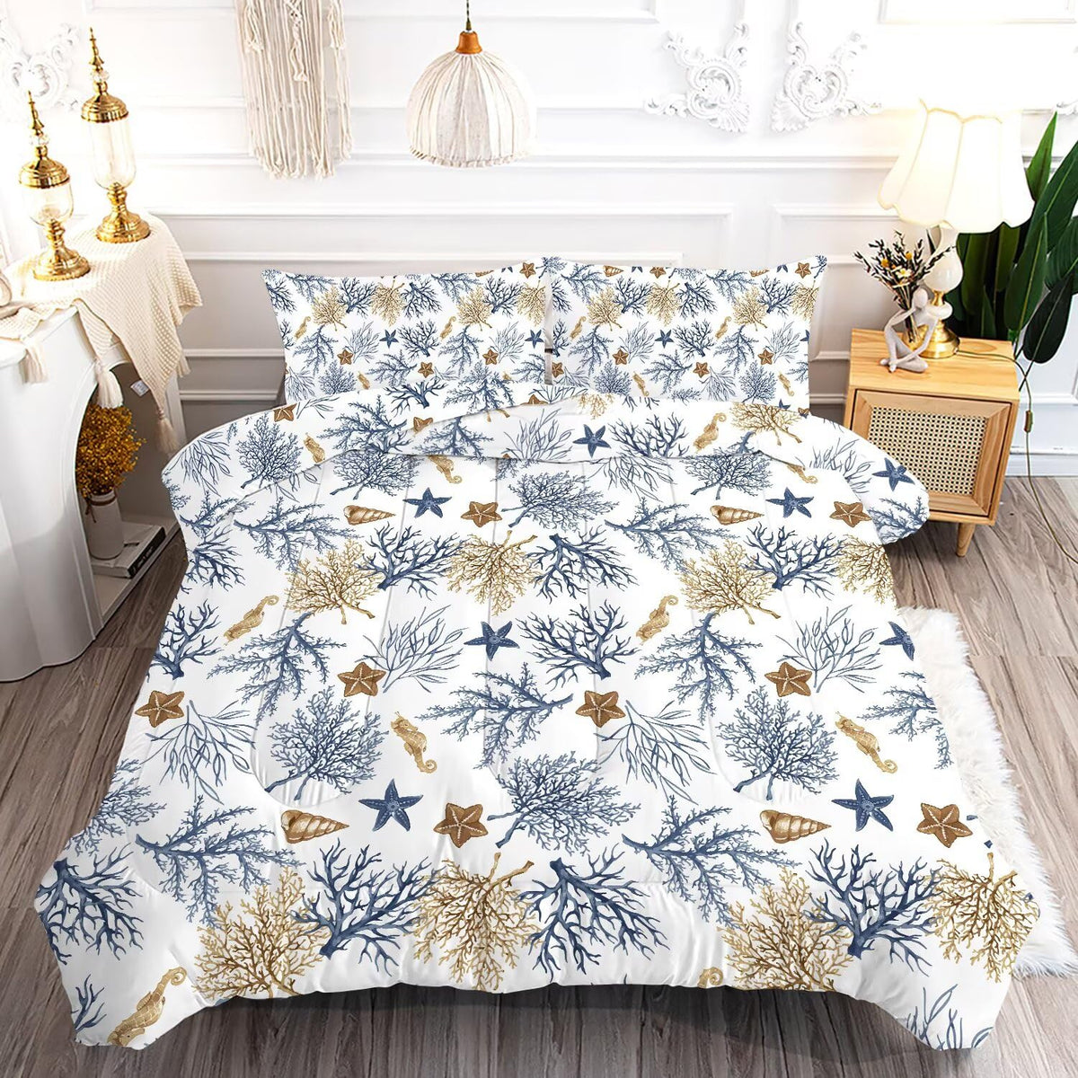 Fuyeun Ocean Coral Comforter Set Queen, Coastal Bedding For Boys Girls Women Teen Bedroom, Beach Nature Starfish Theme Pattern Q