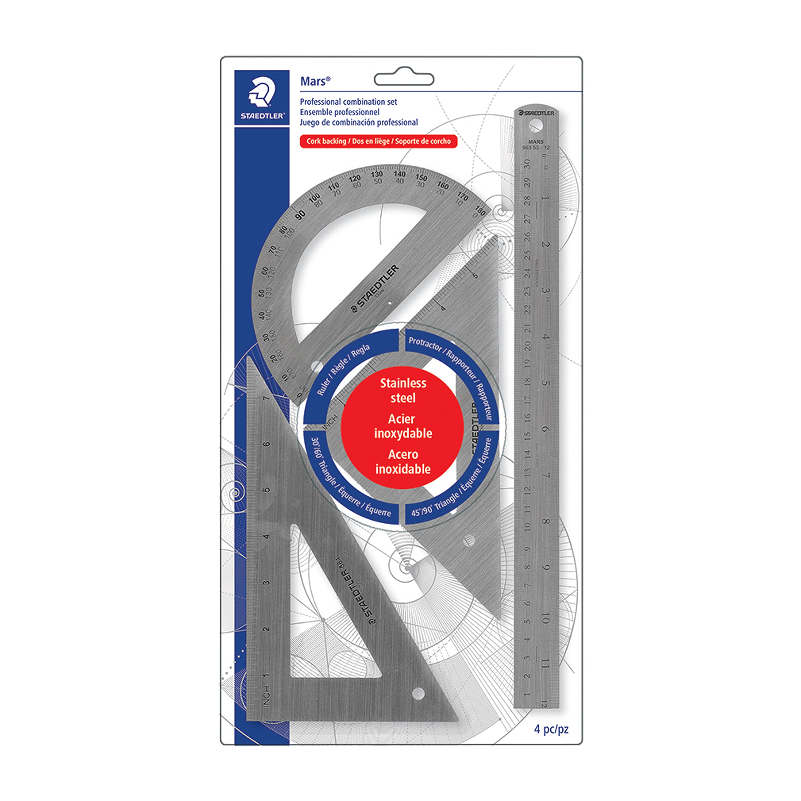 Staedtler Stainless Steel Math Set With Ruler, 2 Triangles, Protractor, 4 Piece, 566 32Bk