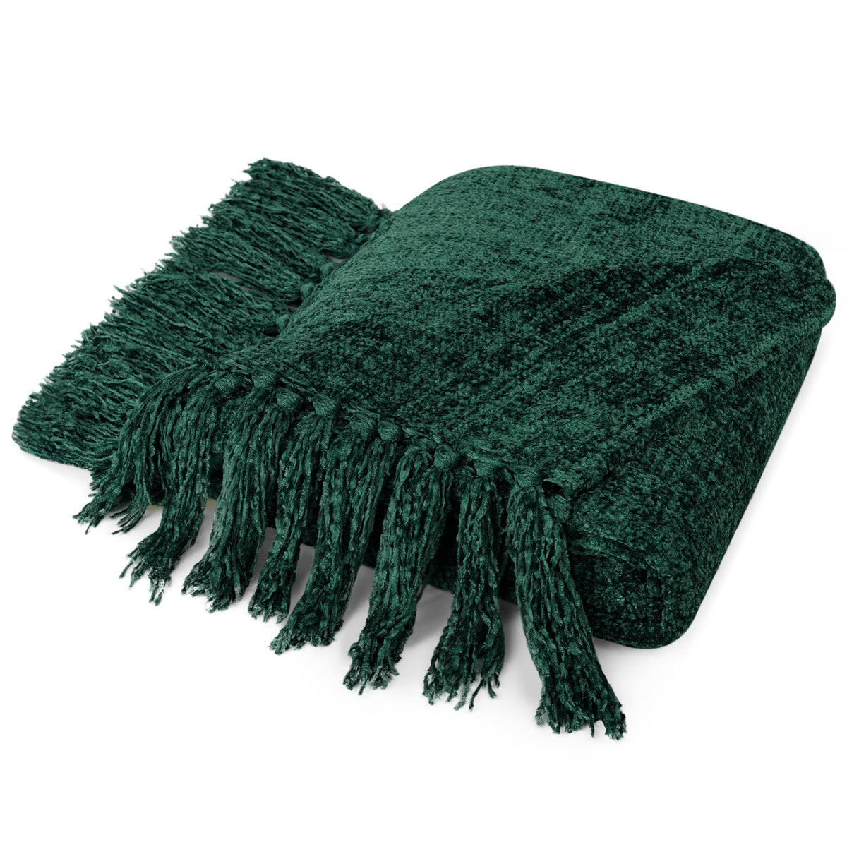 Pavilia Emerald Green Throw Blanket For Couch, Twin Size Bed, Chenille Blanket For Sofa Bed, Soft Knit Woven Blanket With Tassel
