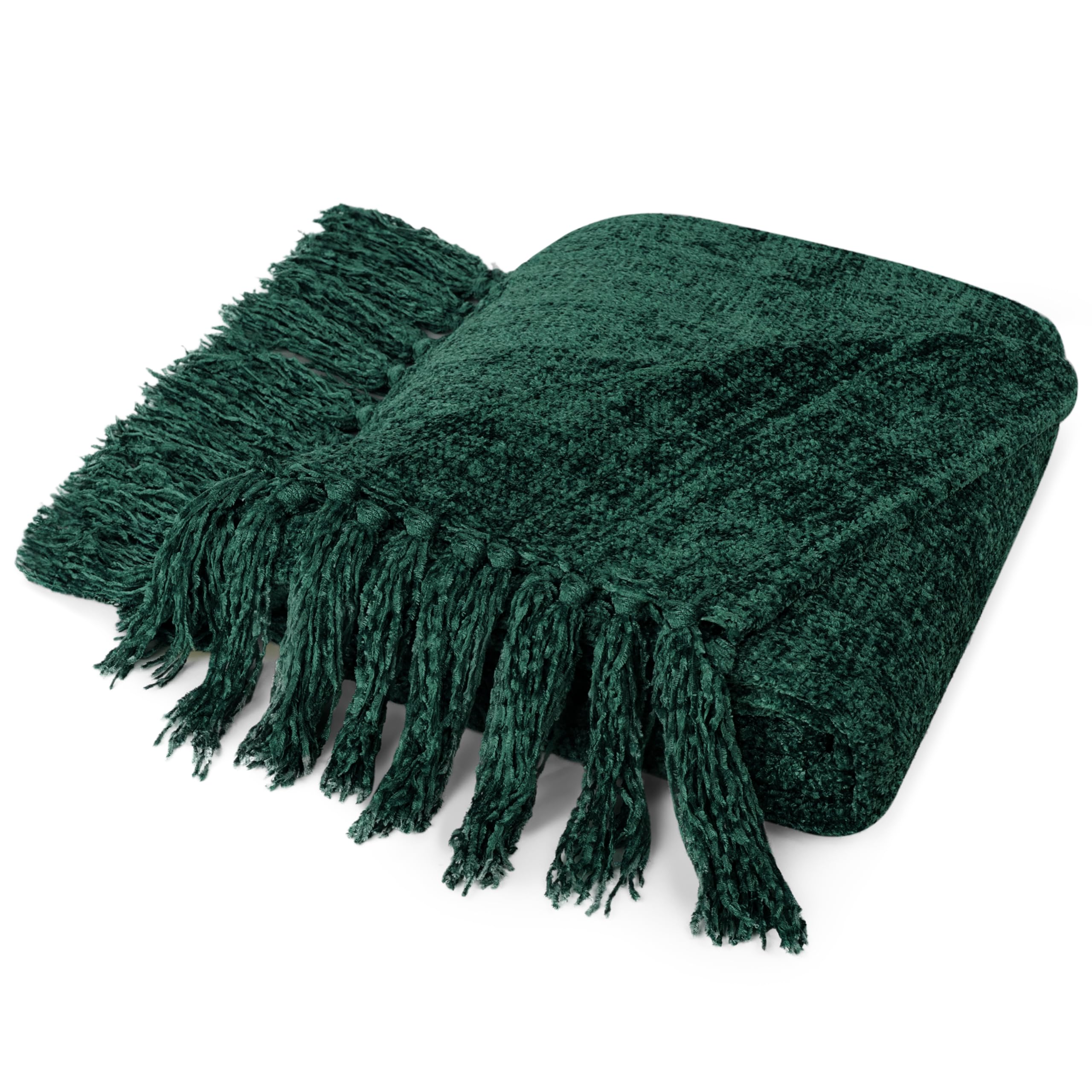 Pavilia Emerald Green Throw Blanket For Couch, Twin Size Bed, Chenille Blanket For Sofa Bed, Soft Knit Woven Blanket With Tassel