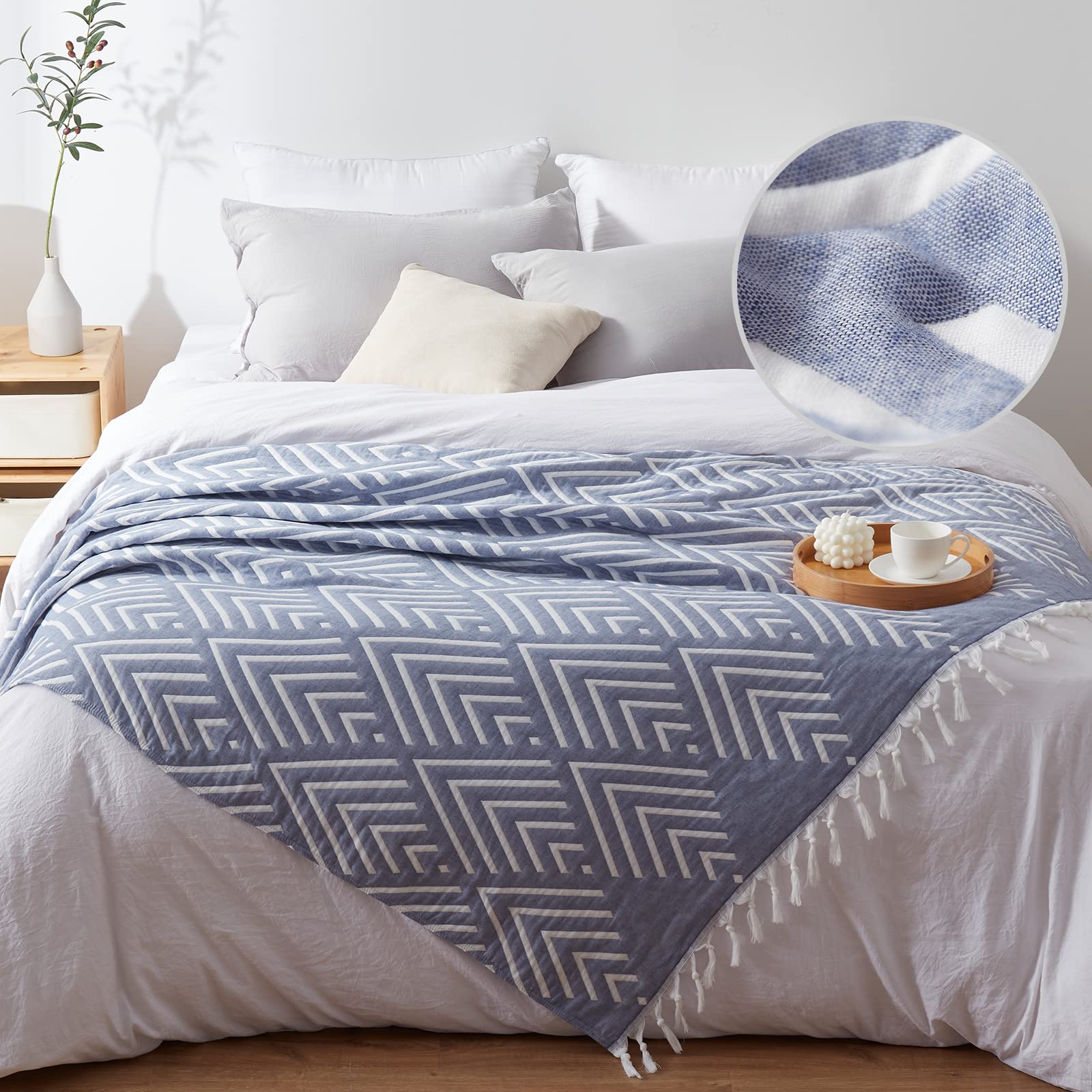 Se Softexly Muslin Blanket Throw 50X60, Jacquard Summer Cooling Blanket Cozy Organic Egyptian Cotton Bed Spread For Bed Couch Br