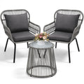 Wildformers 3 Pieces Rattan Wicker Bistro Set, Outdoor Conversation Set, Wicker Rattan Furniture Set With Glass Top Table, Space Saving For Balcony, Backyard, Grey