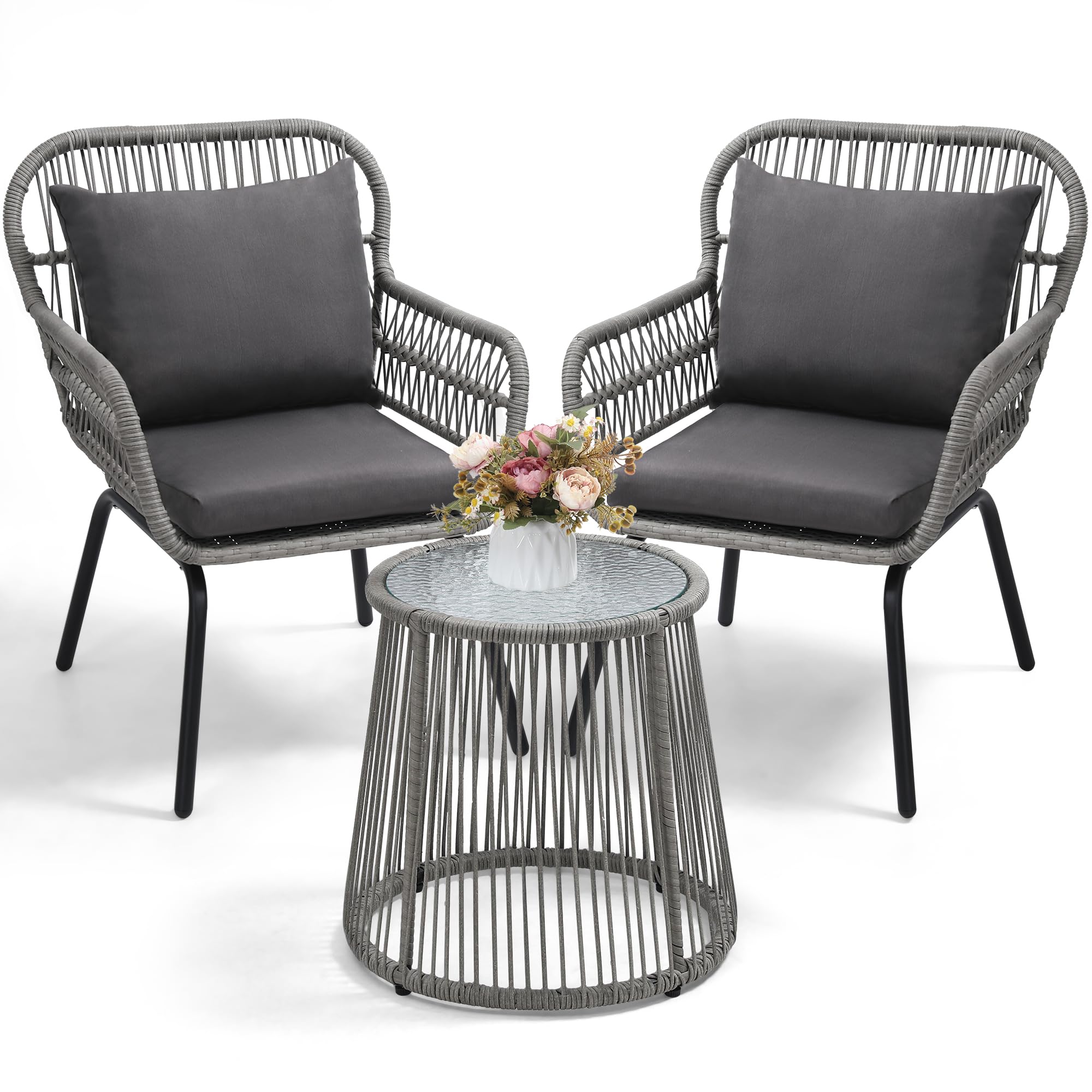 Wildformers 3 Pieces Rattan Wicker Bistro Set, Outdoor Conversation Set, Wicker Rattan Furniture Set With Glass Top Table, Space Saving For Balcony, Backyard, Grey