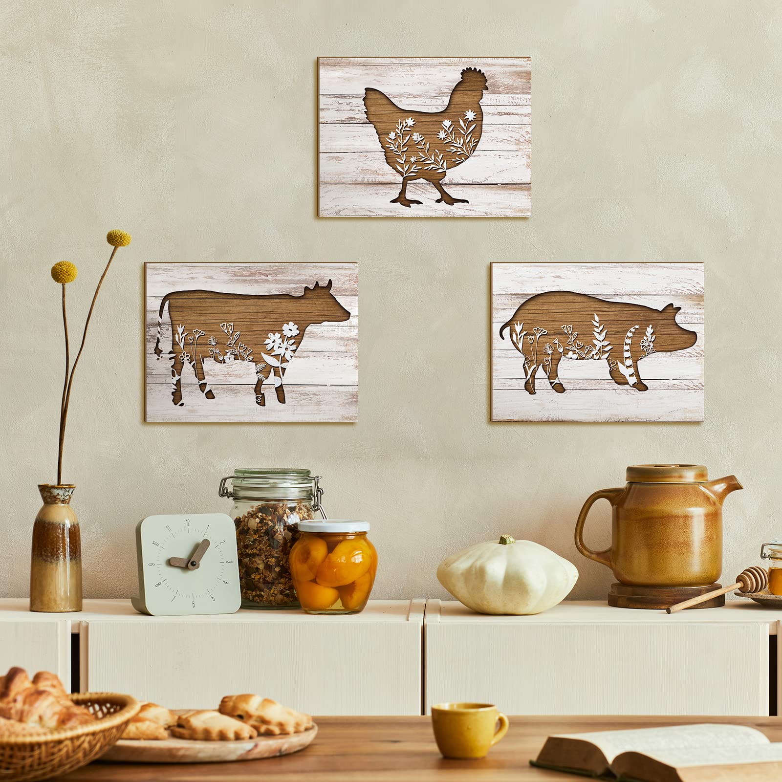 Jetec 3 Pieces Farmhouse Kitchen Signs Cow Rooster And Pig Decors 7.9 X 5.9 Inch Rustic Wooden Signs Country Wall Decorations Fo