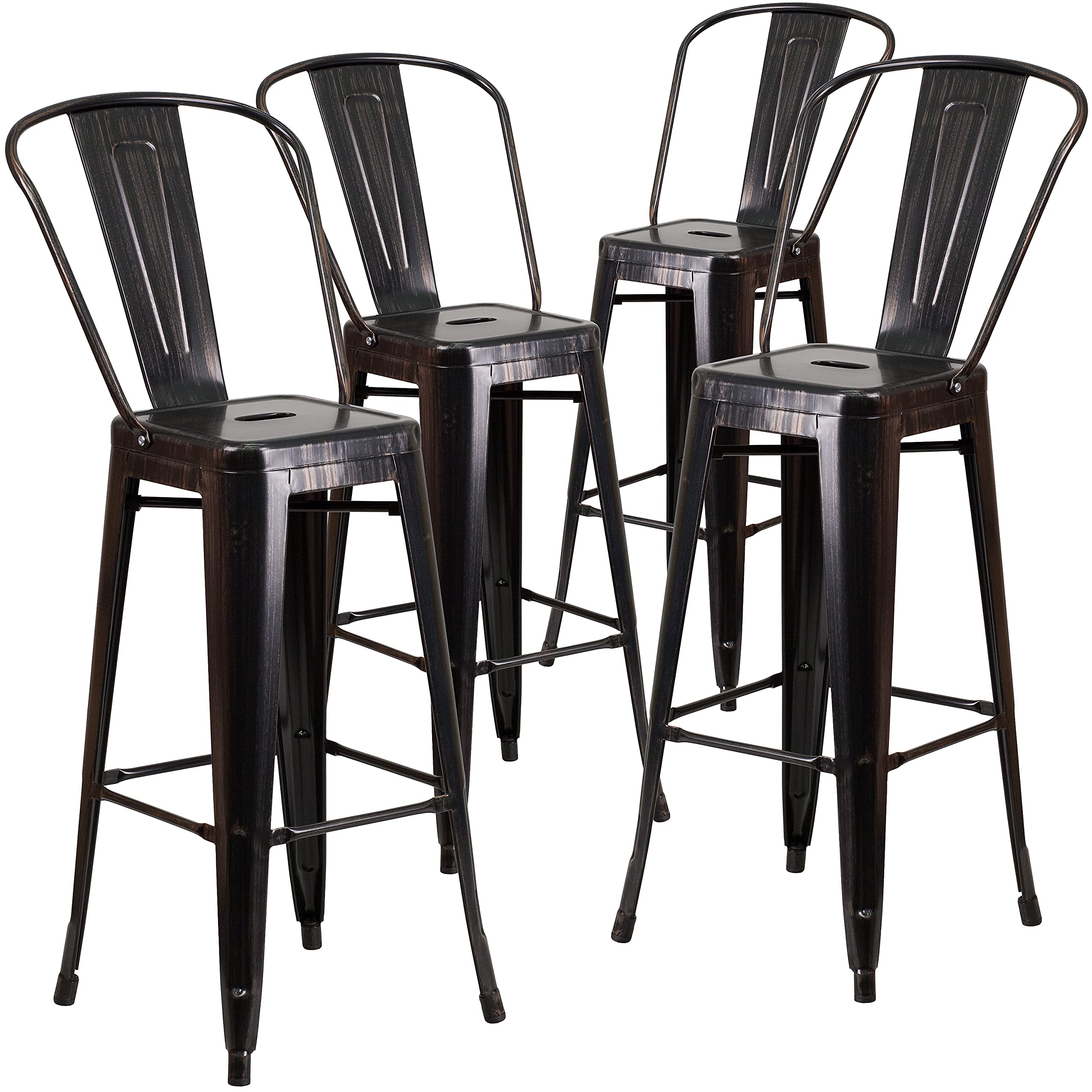 4 Pk. 30 High Black-Antique Gold Metal Indoor-Outdoor Barstool with Back