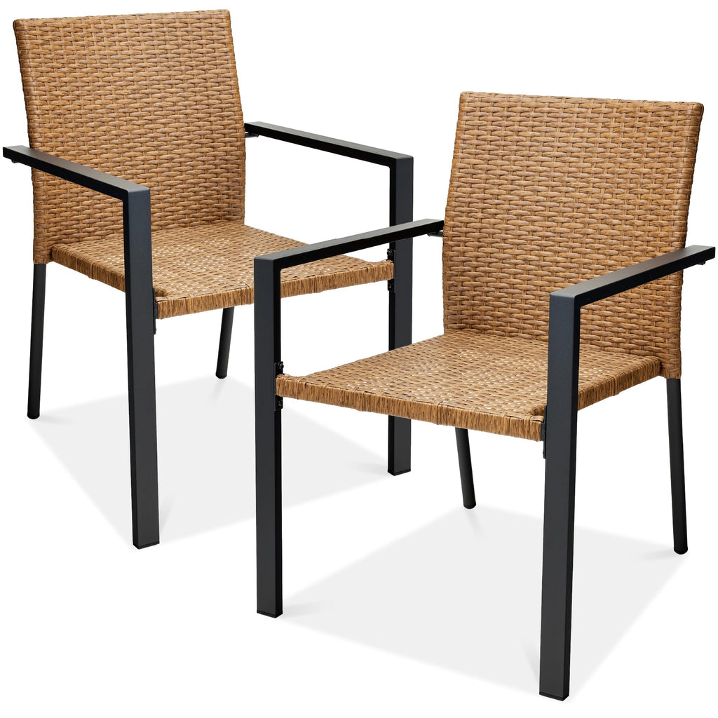 Best Choice Products Set Of 2 Stackable Outdoor Wicker Dining Chairs All-Weather Firepit Armchair W/Armrests, Steel Frame For Patio, Deck, Garden, Yard - Natural
