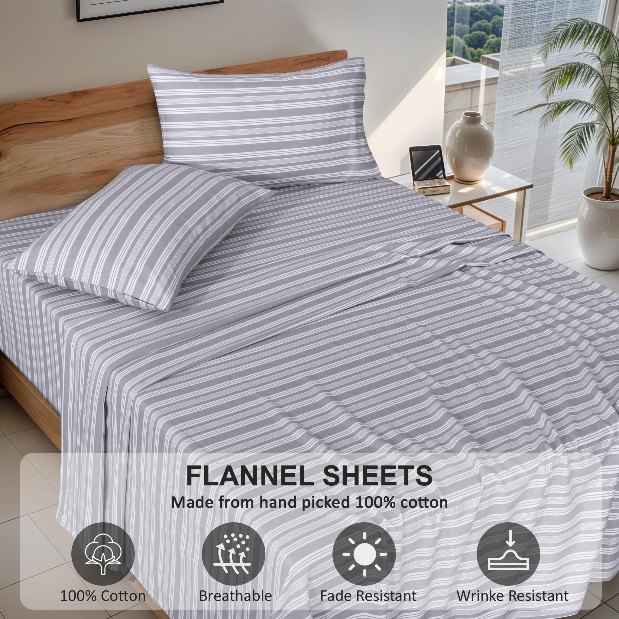 Ruvanti Flannel Sheets Full Size - 100% Cotton Double Brushed Bed Sheets Set, Deep Pockets 16 Inches, All Seasons Breathable & Extra Soft Full Sheets, Warm & Cozy, 4 Piece, Grey Lining