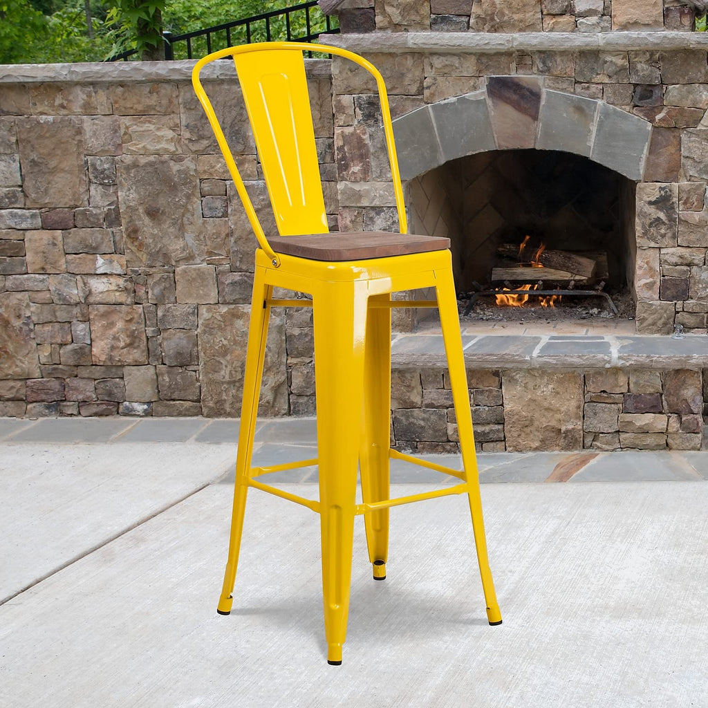 Flash Furniture Lily 30" High Yellow Metal Barstool with Back and Wood Seat