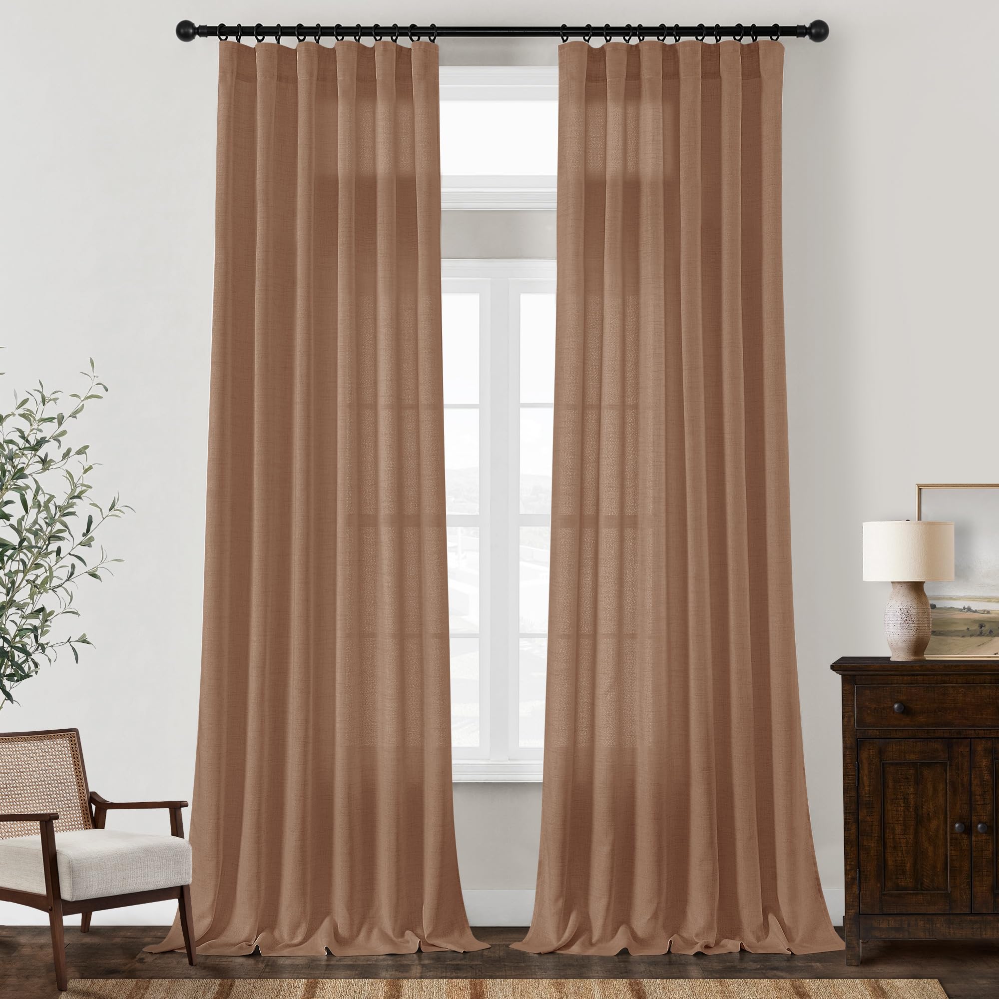 Dukiyo Terracotta Linen Curtains 132 Inch Length 2 Panels For High Living Room Semi Sheer Light Filtering Extra Long 132 Inch Cu