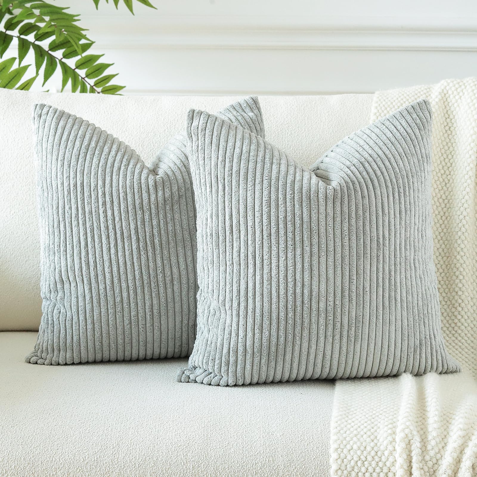 Otostar Decorative Throw Pillow Covers 16 X 16 Inch Soft Corduroy Cushion Covers Striped Solid Square Pillow Cases For Couch Bedroom Home Sofa Farmhouse Boho Living Room Decor Set Of 2 (Grey Blue)