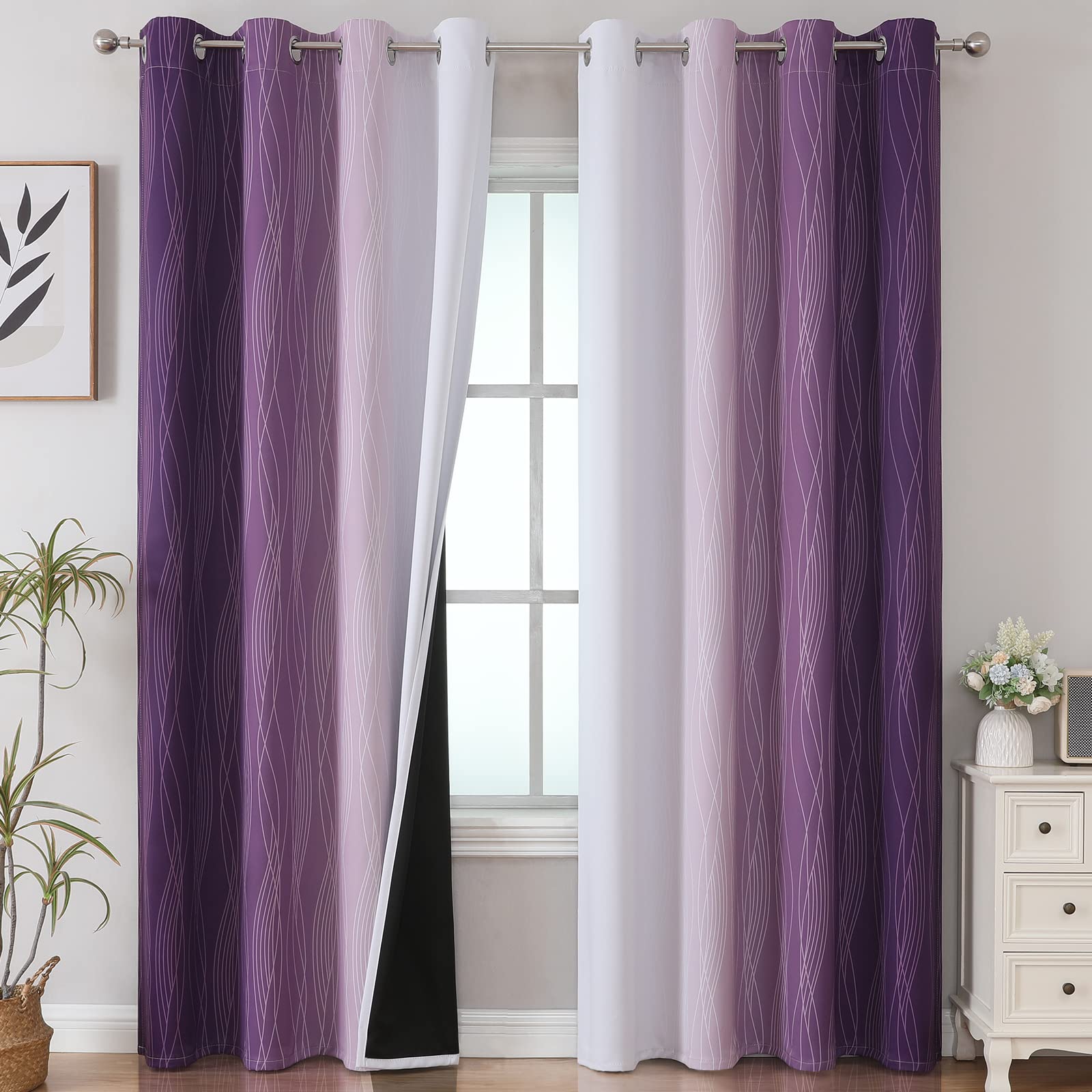 Estelar Textiler Purple And Grayish White Blackout Curtains 108 Inches Long, Thermal Insulated Drapes For Bedroom, Full Light Bl