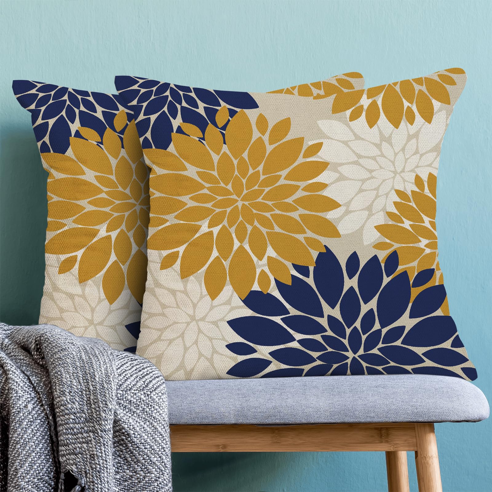 Mustard Yellow Navy Blue Pillow Covers 18X18 Inch Set Of 2 White Dahlia Floral Decor Throw Pillows Summer Modern Geometry Flower