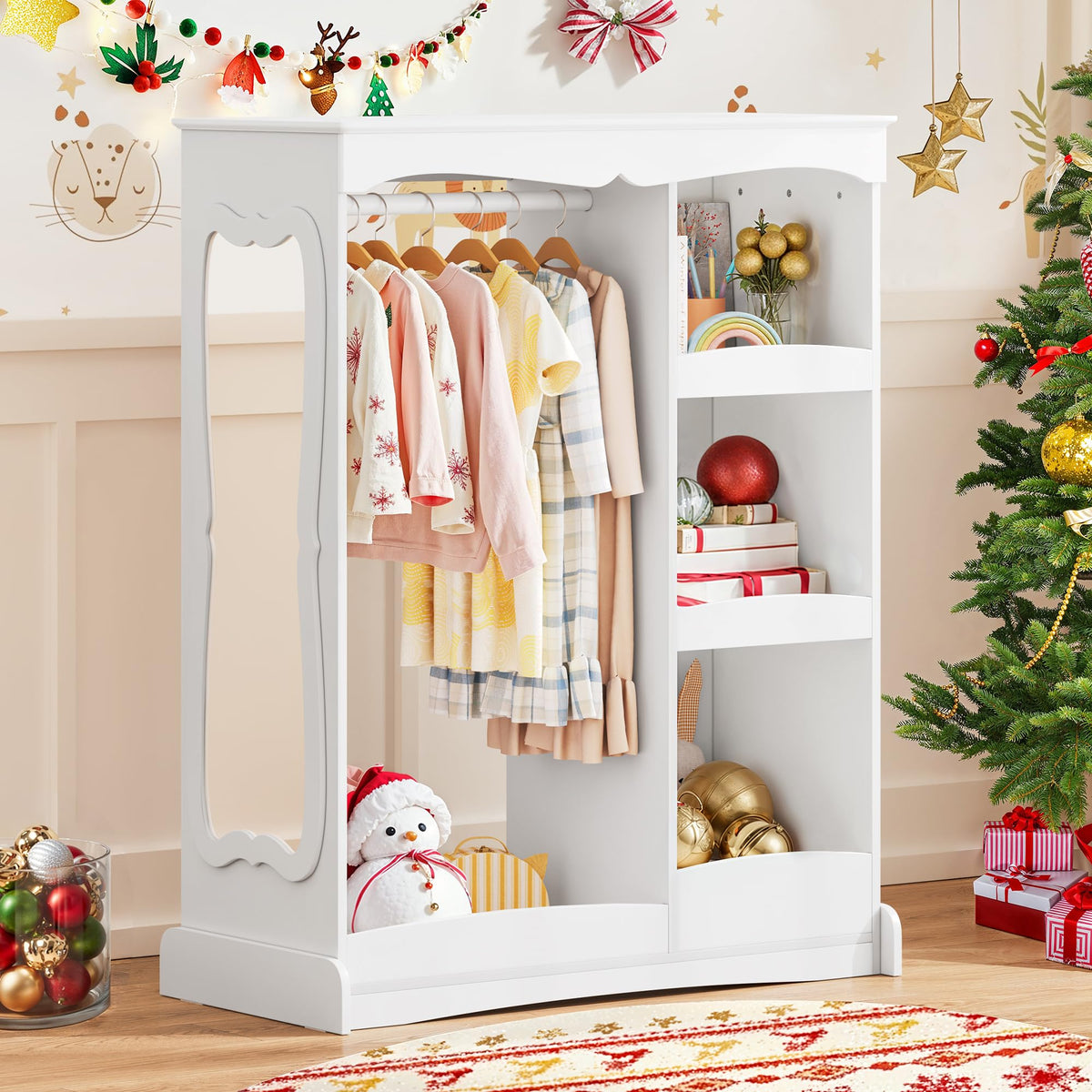 Curipeer Kids Dress Up Storage with Flower Mirror, Open Hanging Closet Wardrobe for Children, Kids Armoire & Costume Organizer f