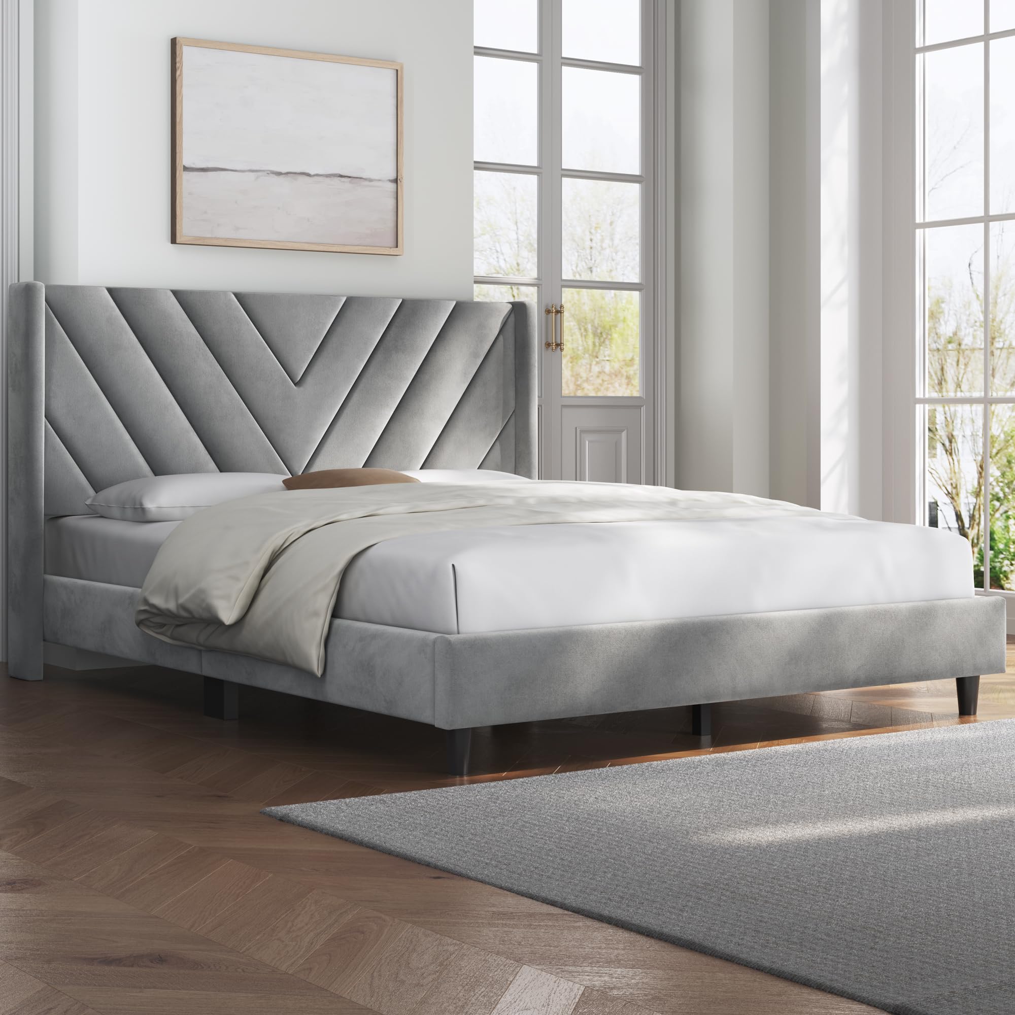 Yaheetech Queen Bed Frame Upholstered Platform Bed With Wing Side/Wooden Slat Support/Tufted Headboard With Wing Side/Mattress Foundation/No Box Spring Needed,Light Gray Queen Bed