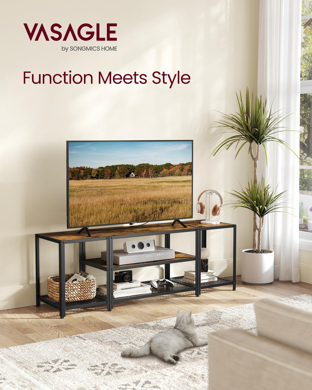 Vasagle Modern Tv Stand For Tvs Up To 65 Inches, 3-Tier Entertainment Center, Industrial Tv Console Table With Open Storage Shelves, For Living Room, Bedroom, Rustic Brown And Black Ultv097B01