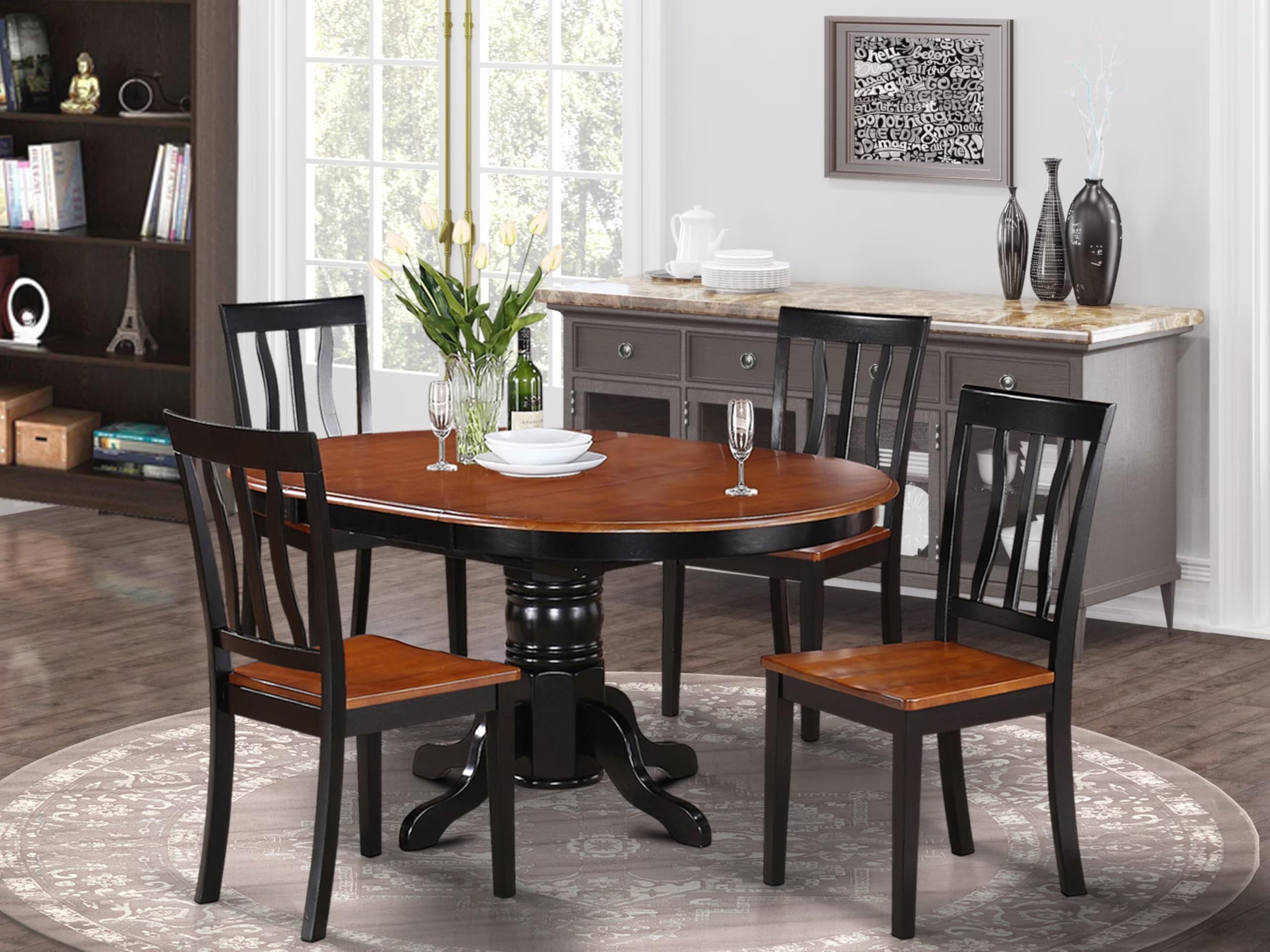 East West Furniture AVAT5-BLK-W 5 Piece Dining Room Table Set Includes an Oval Kitchen Table with Butterfly Leaf and 4 Dining Chairs, 42x60 Inch, Black & Cherry