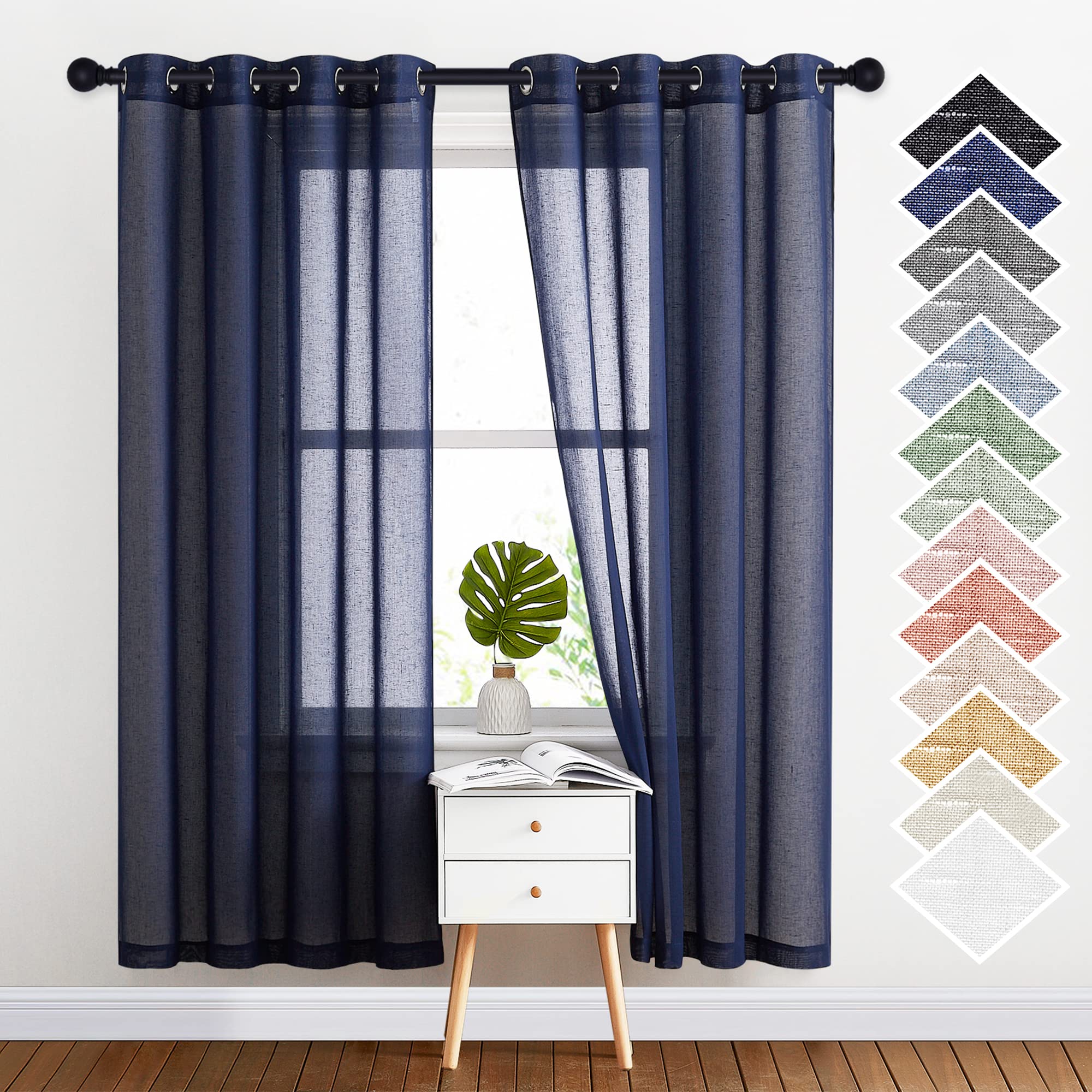 Nicetown Natural Open Linen Weave Flax Textured Sheer Window Curtains, Medium Long Privacy Semi-Transparent Sheer Panels For Far