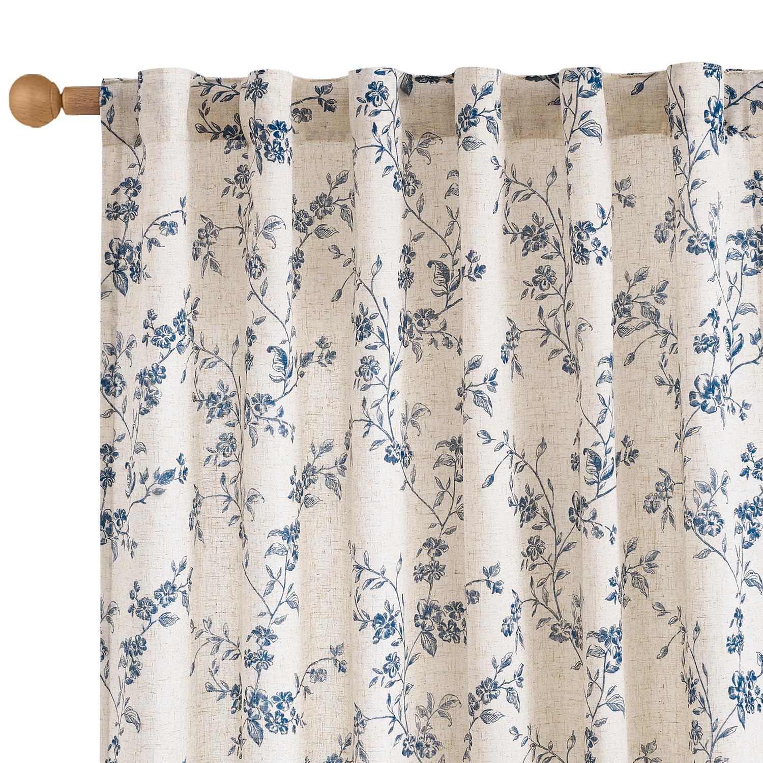 Lazzzy Farmhouse Linen Curtains Blue Floral Curtains 96 Inch Long Back Tab Drapes for Living Room Bedroom Light Filtering Countr