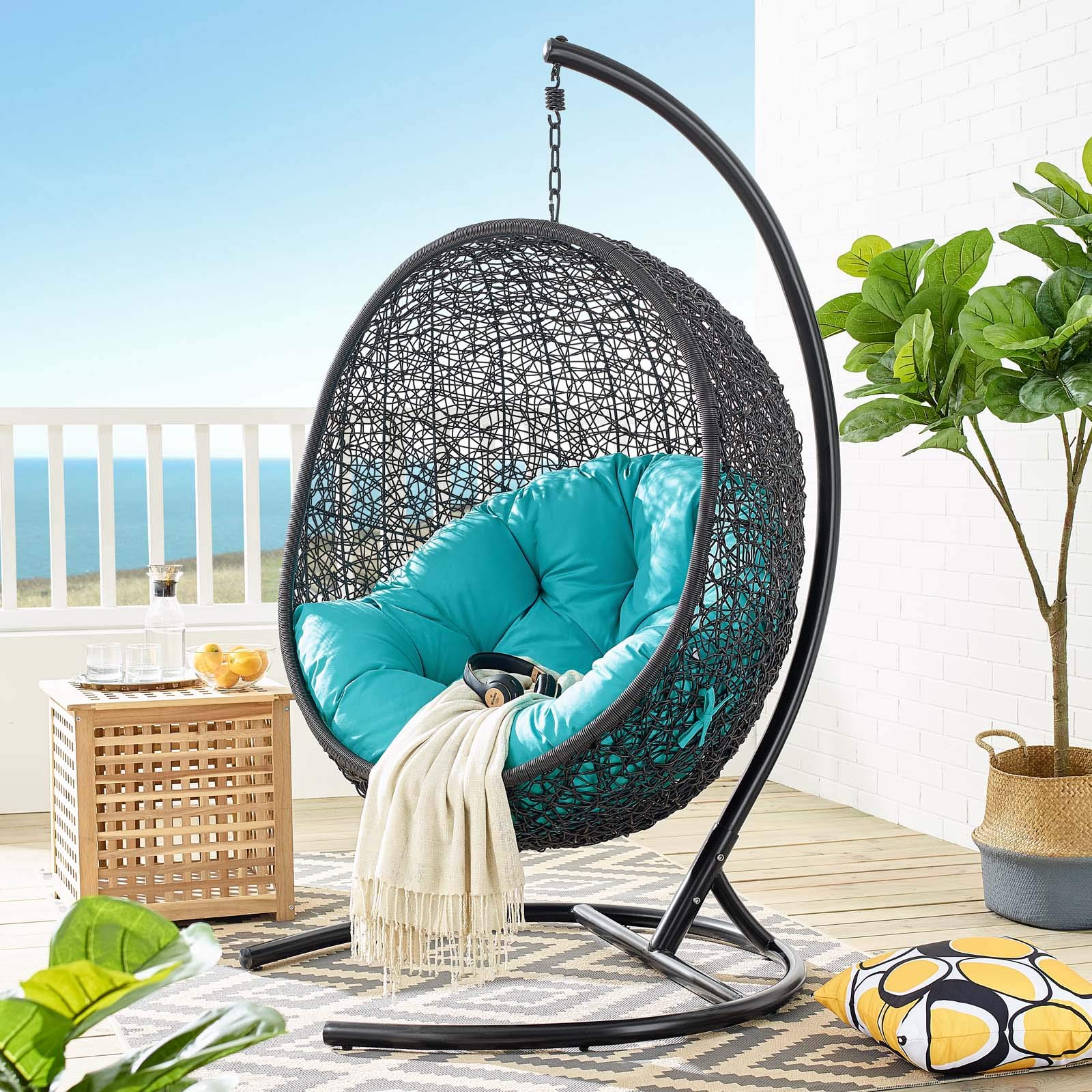 Modway Eei-739-Trq-Set Encase Swing Outdoor Patio Lounge Chair, With Stand, Turquoise