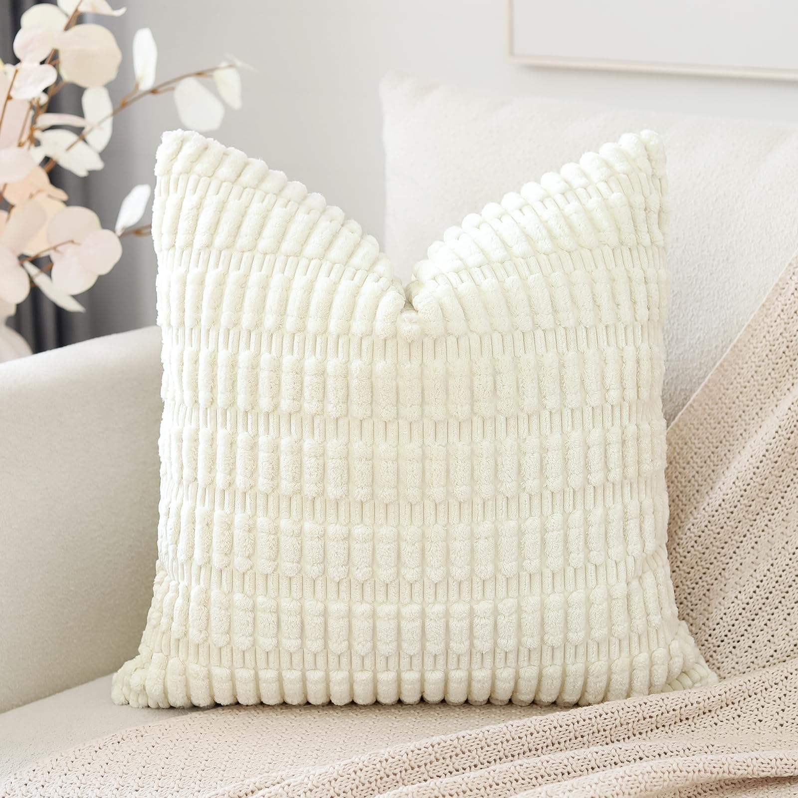 Otostar Corduroy Decorative Throw Pillow Covers 24X24 Inch Super Soft Boho Striped Square Pillow Covers Case Modern Cushion Covers For Sofa Couch Bedroom Car Decor Cream Beige