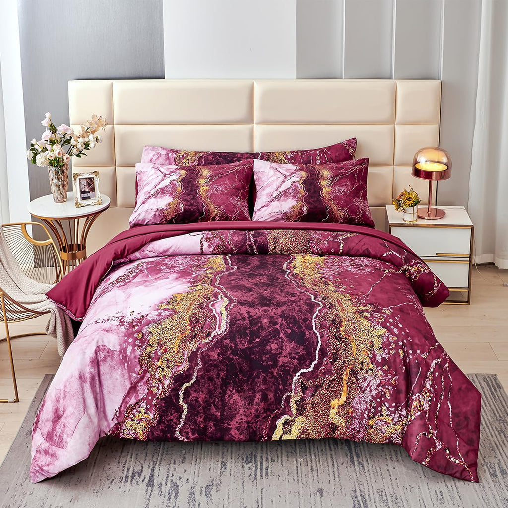 Perfemet 6 Pcs Full Comforter Sets Burgundy Watercolor Marble Bed In A Bag Comforter Set Soft Lightweight Dark Red And Gold Bedd
