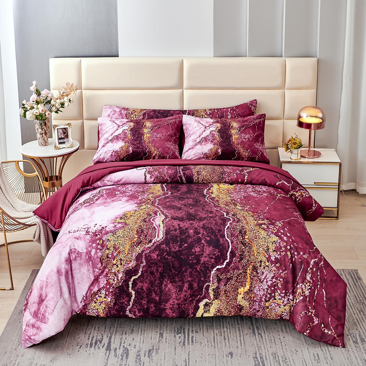 Perfemet 6-Piece Bed In A Bag Queen Burgundy Marble Comforter Set With Sheets Aesthetic Retro Artwork Style Dark Red Bedding Set