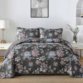 Wongs Bedding Floral Quilt Set King Size, Dark Gray Botanical King Bedspread Bedding Sets Soft Lightweight Microfiber Flower Cha