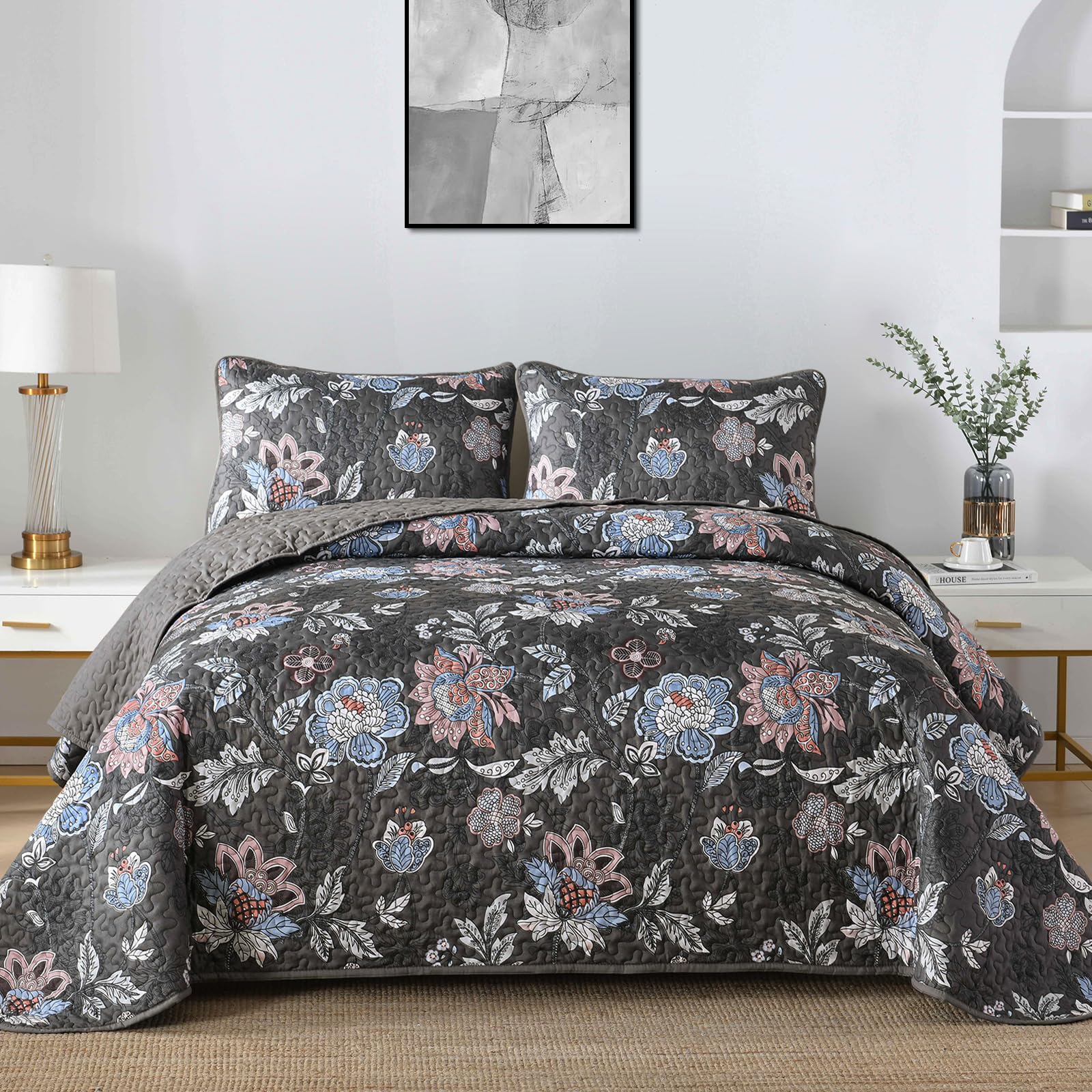 Wongs Bedding Floral Quilt Set King Size, Dark Gray Botanical King Bedspread Bedding Sets Soft Lightweight Microfiber Flower Cha