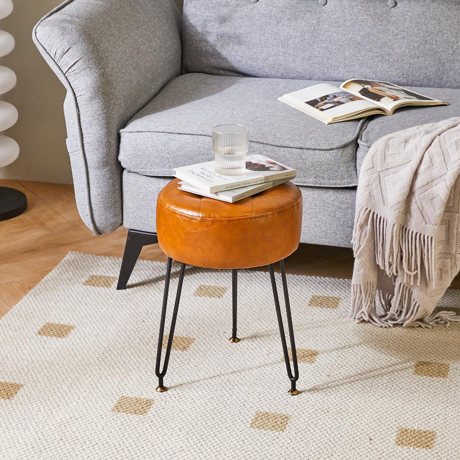 Ibuyke Faux Leather Round Footrest Stool, Makeup Vanity Stool Side Table, Pu Dressing Table Seat, Pouf Couch Stool, Golden Steel Legs, Light Brown Lg-31J