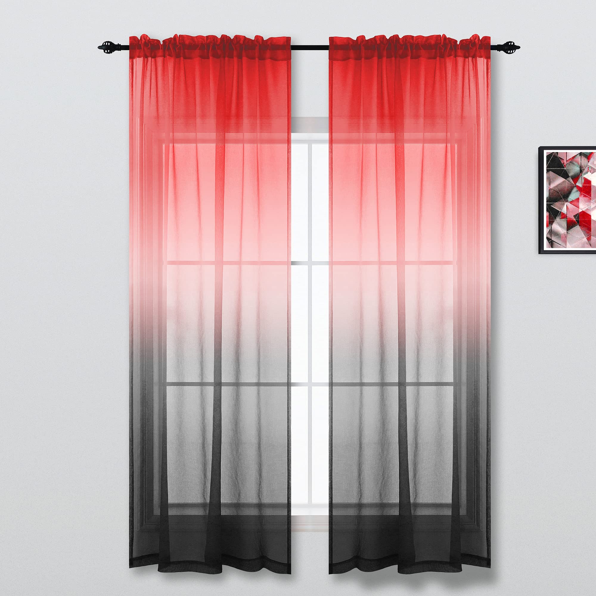 Koufall Red Curtains For Kids Bedroom 2 Panels,Sheer Gamer Curtains For Boys Room,63 Inch Length