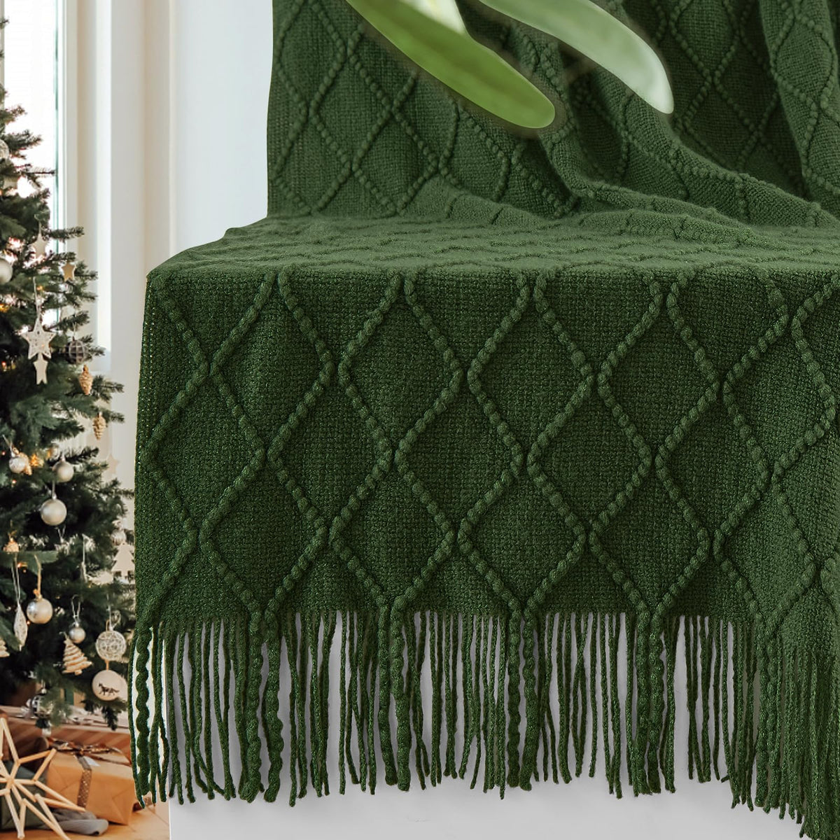 Inhand Knitted Throw Blankets For Couch And Bed, Soft Cozy Knit Blanket With Tassel, Dark Green Lightweight Decorative Blankets