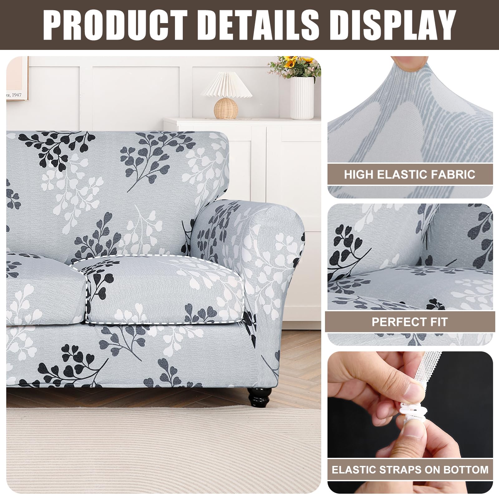 Searchi Stretch Sofa Cover Printed Couch Cover, Floral Pattern 3 Pieces Loveseat Slipcover With 2 Separate Cushion Cover, Washable Furniture Protector For Living Room(Loveseat, Leaf Pattern)