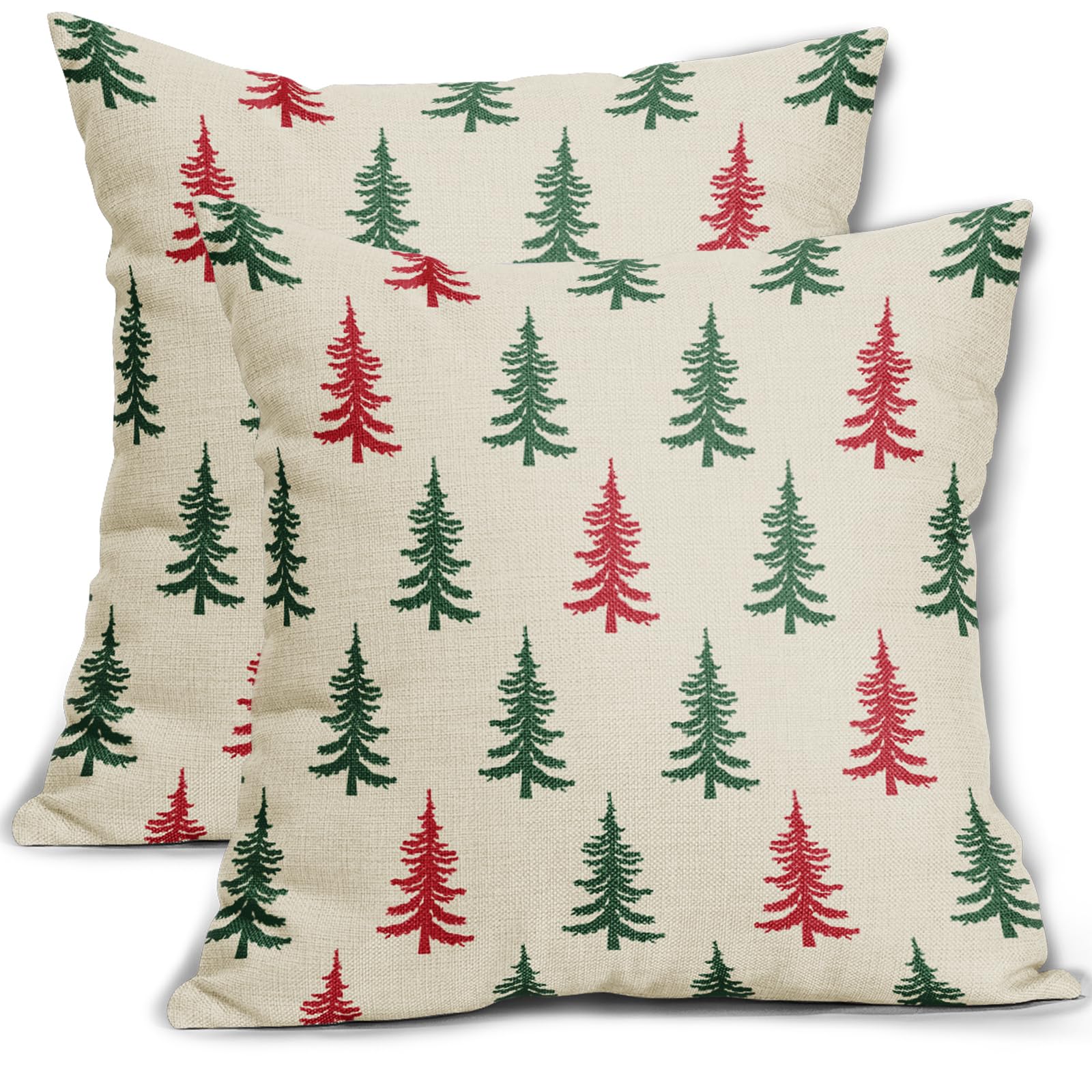 Christmas Tree Pillow Covers 18X18 Set Of 2 Green Red Xmas Rustic Style Winter Print Decorative Outdoor Pillowcases Farmhouse Vi