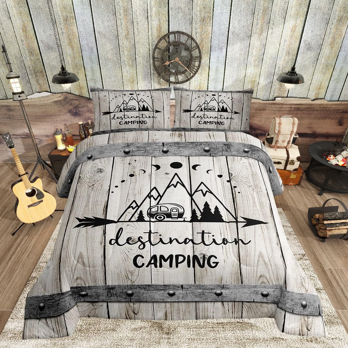 Happy Camping Car Comforter Set King Size,Rv Camper Trailer Decor Bedding Set 3Pcs For Kids Boys Girls Adults,Vintage Wooden Pla