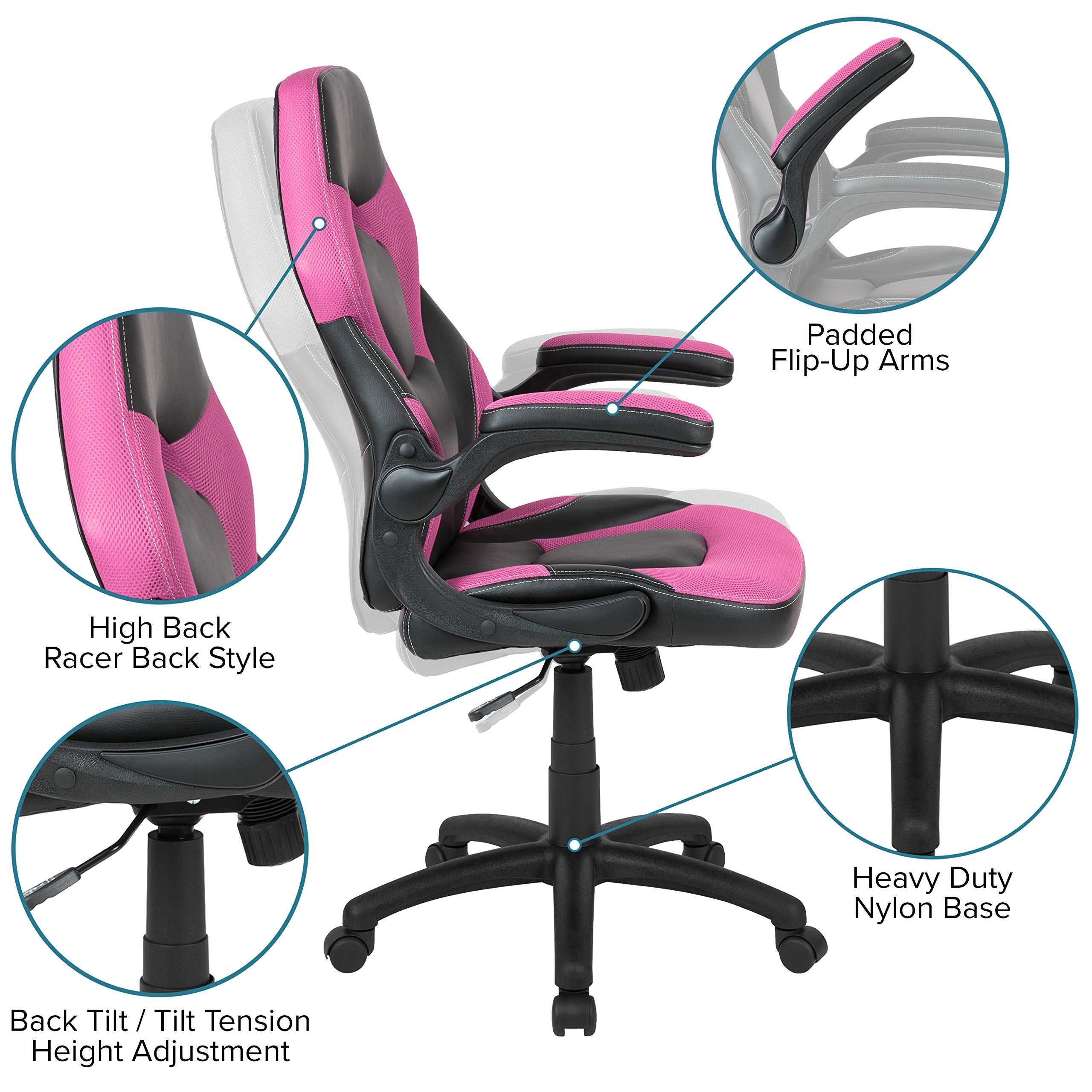 Flash Furniture X10 High-Back Leathersoft Racing Style Gaming Chair With Flip-Up Arms, Ergonomic Padded Swivel Computer Chair, Pink/Black