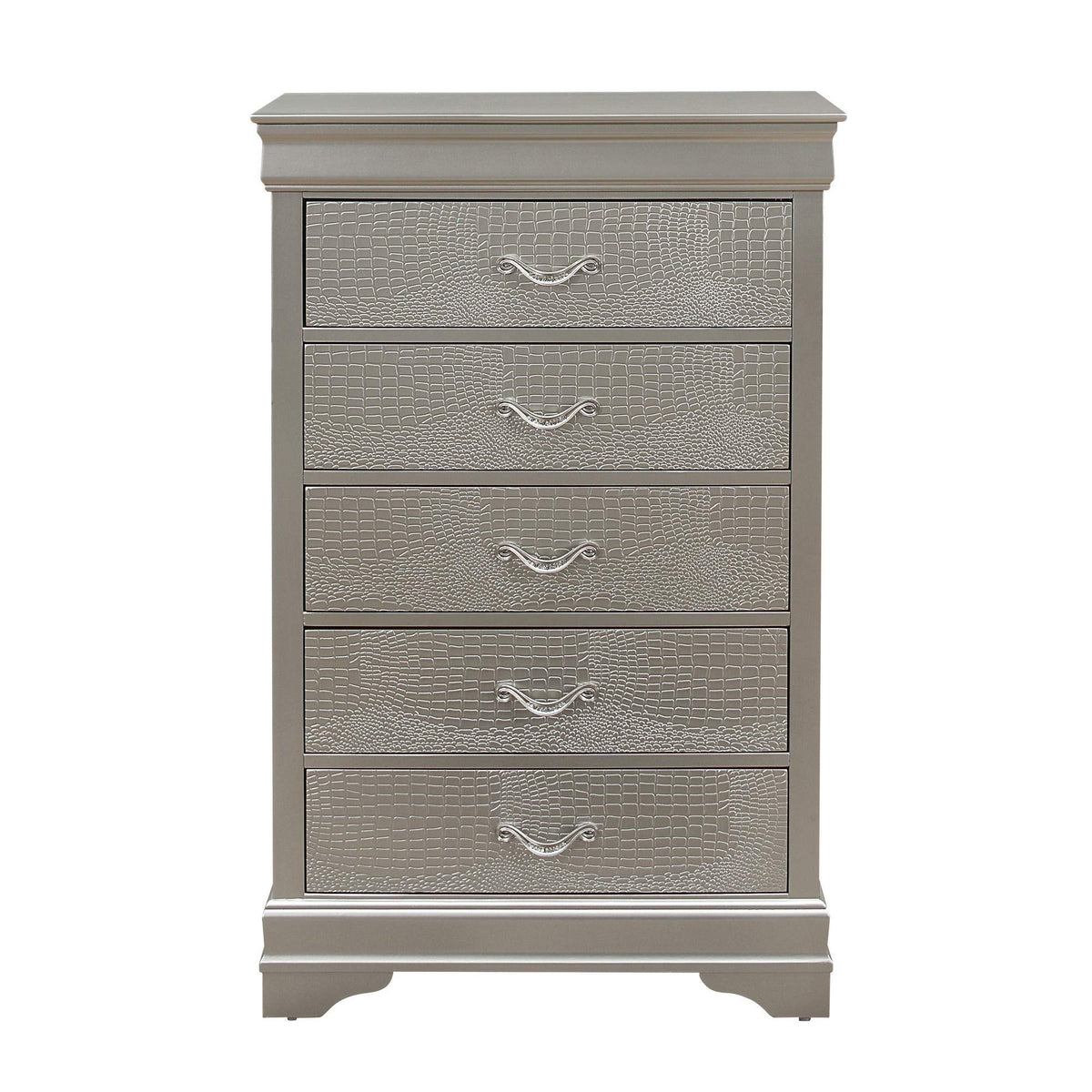 HomeRoots Rubberwood Silver Tone Chest with 5 Spacious Interior Drawers