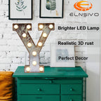 Elnsivo LED Marquee Light Up Letter Y, Vintage Industrial Style, Rust Metal Effect, Gold, Plastic