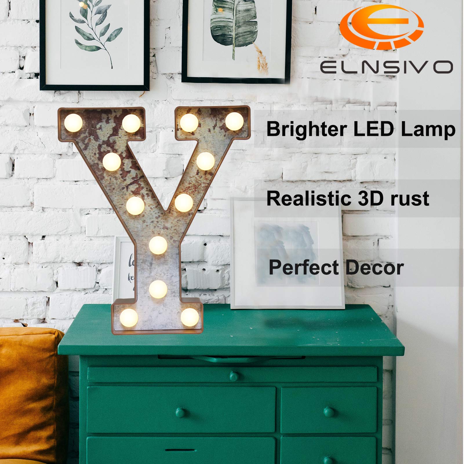 Elnsivo LED Marquee Light Up Letter Y, Vintage Industrial Style, Rust Metal Effect, Gold, Plastic