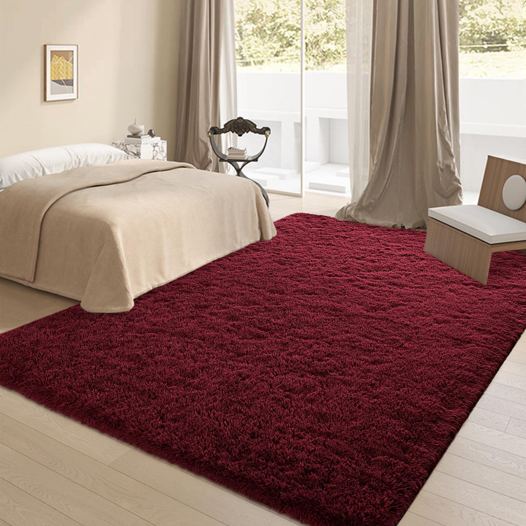 Falark Soft Area Rugs For Bedroom, 3X5 Ft Wine Red Fluffy Rug Carpets For Living Room Girls Kids Room, Shaggy Fuzzy Indoor Moder