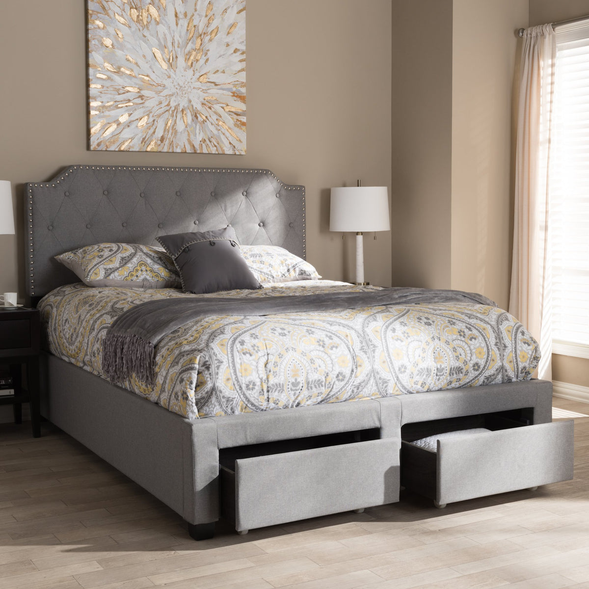 Baxton Studio Aubrianne Modern and Contemporary Grey Fabric Upholstered King Size Storage Bed Grey/King//Contemporary/Fabric Polyester 100%'/Rubber Wood/MDF/Foam