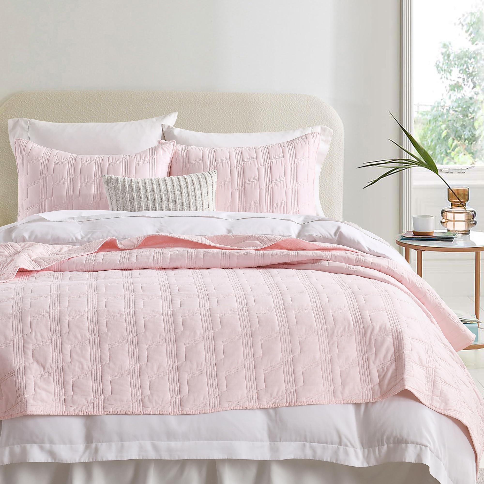 Horimote Home 100% Cotton Quilt Set Queen Size, Light Pink Pre-Washed 3-Piece Bedspread Coverlet Set, Cozy Lightweight Stitching