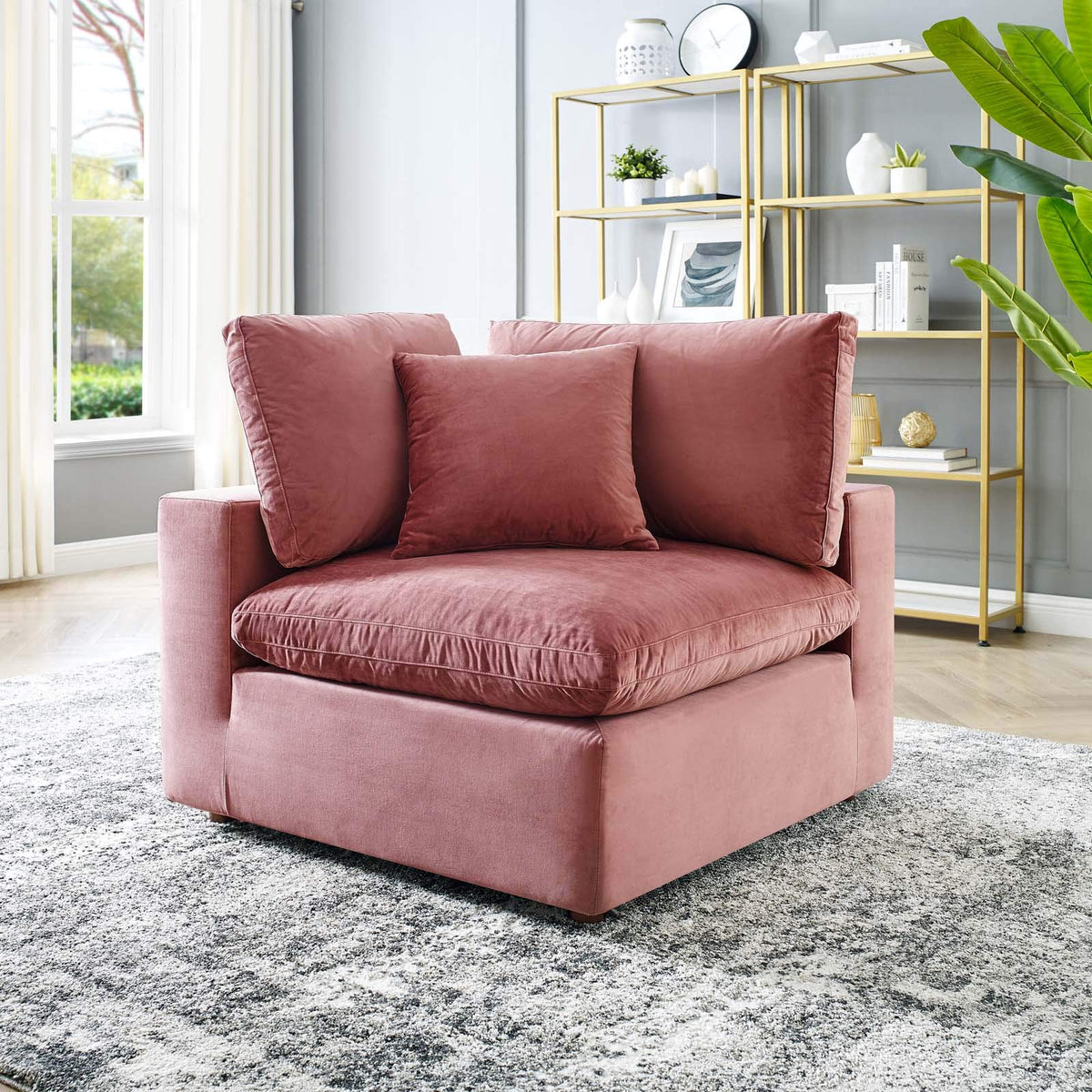 Modway Commix Modular Sofa, Corner Chair, Dusty Rose Performance Velvet